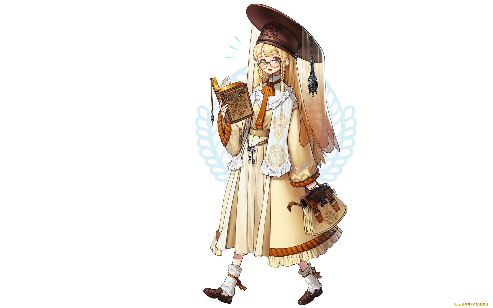 аниме, unknown, , другое, , девочка, шляпа, сумка, книга