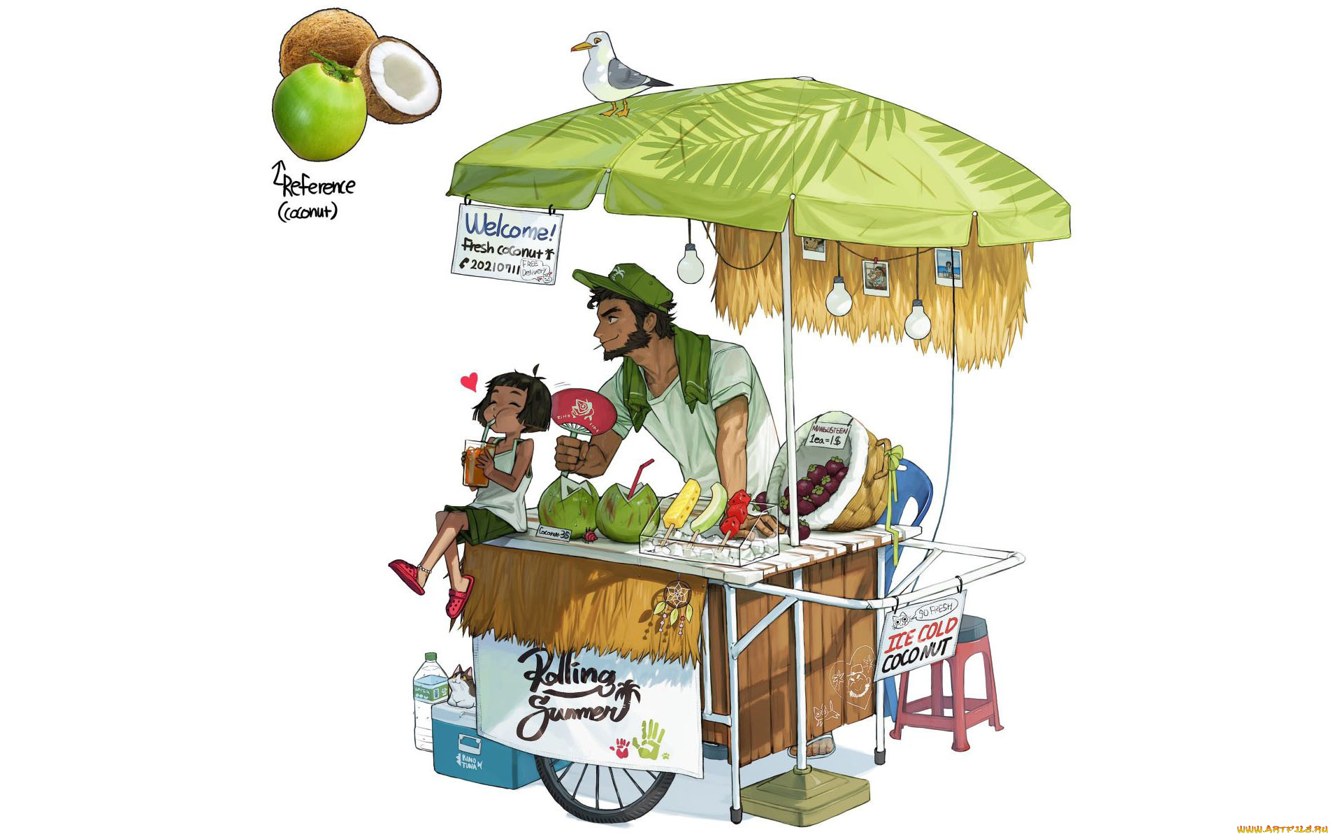 аниме, unknown, , другое, , мужчина, девочка, ларек, чайка, коктейль