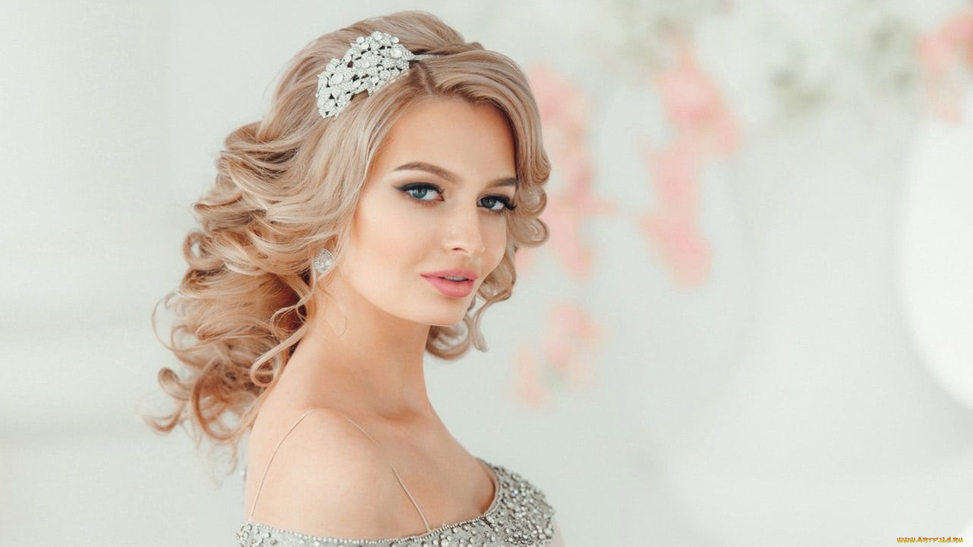 девушки, -, лица, , портреты, блондинка, локоны, макияж, украшения