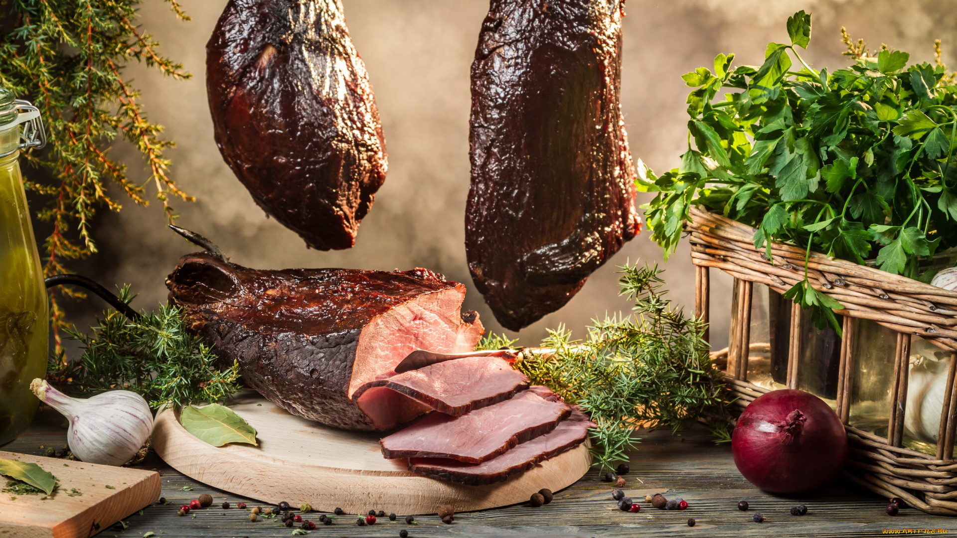 еда, мясные, блюда, чеснок, лук, петрушка, корченый, окорок, ветчина