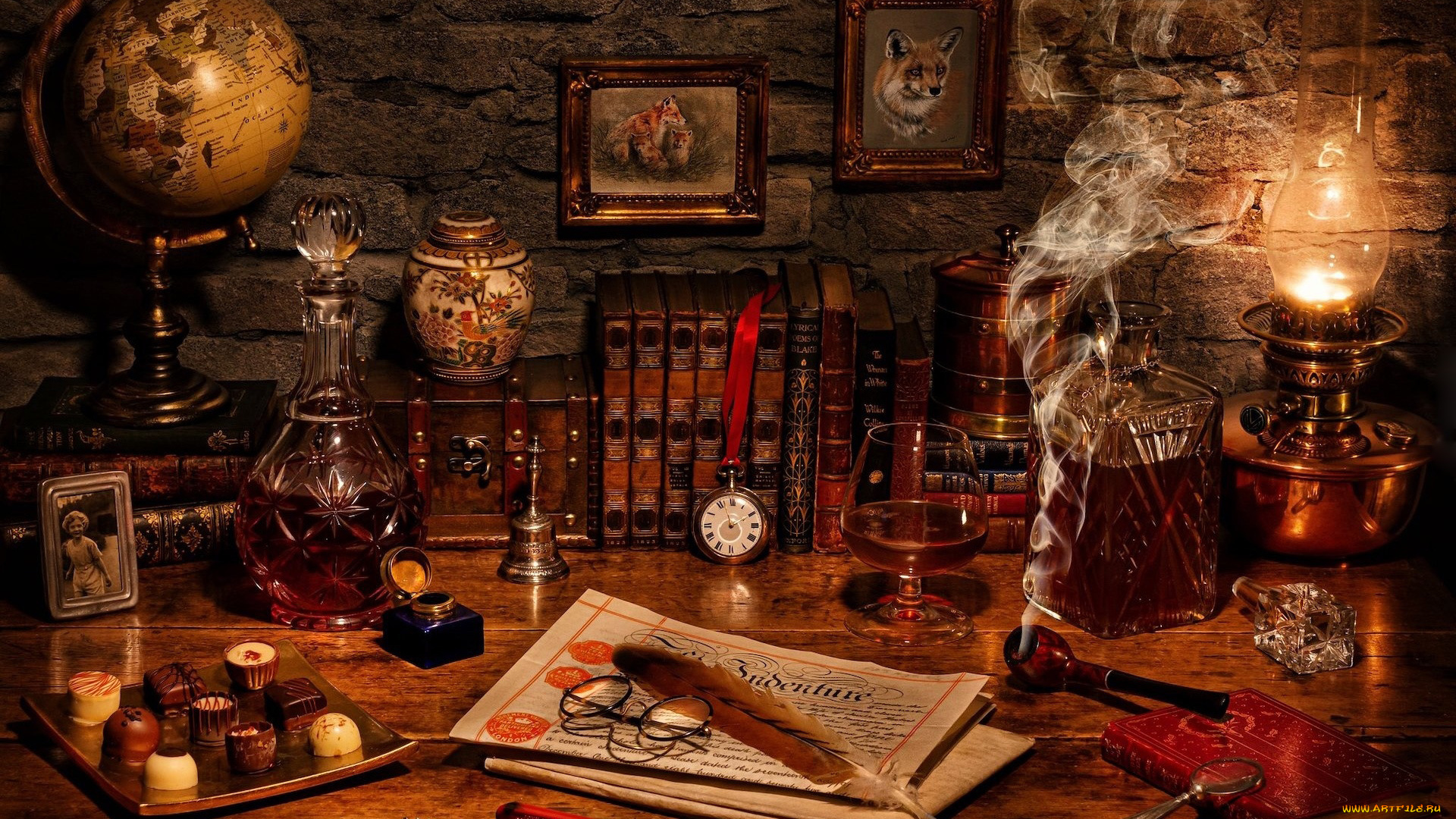 еда, натюрморт, лампа, глобус, конфеты, коньяк, вино