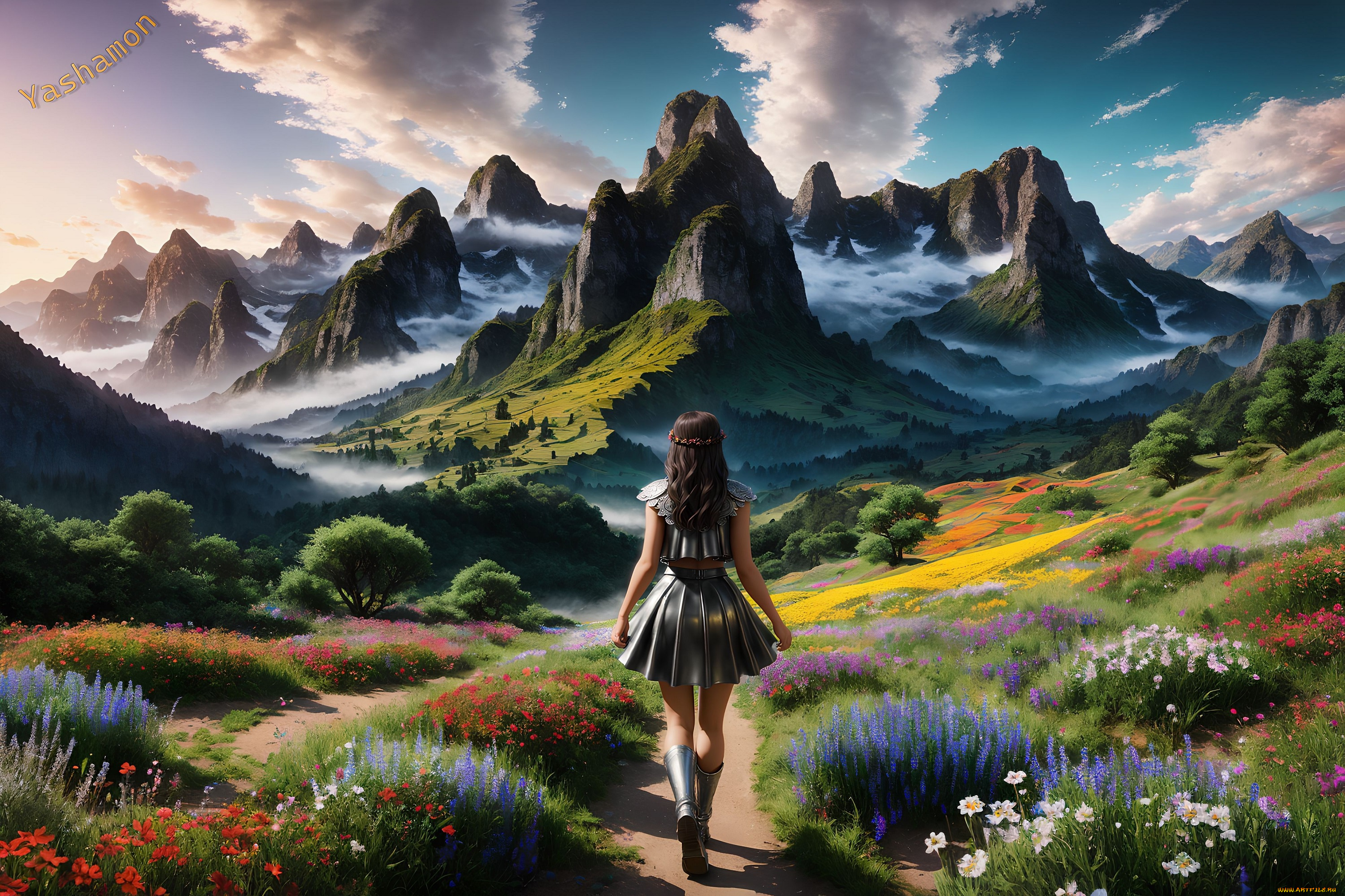 разное, компьютерный, дизайн, neural, network, горы, пейзаж, девушка