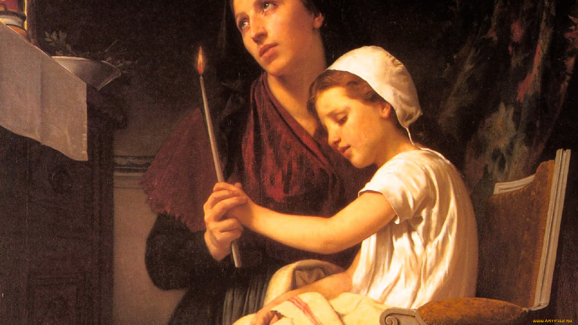 adolphe-william, bouguereau, рисованное, женщина, девочка, кресло, свеча