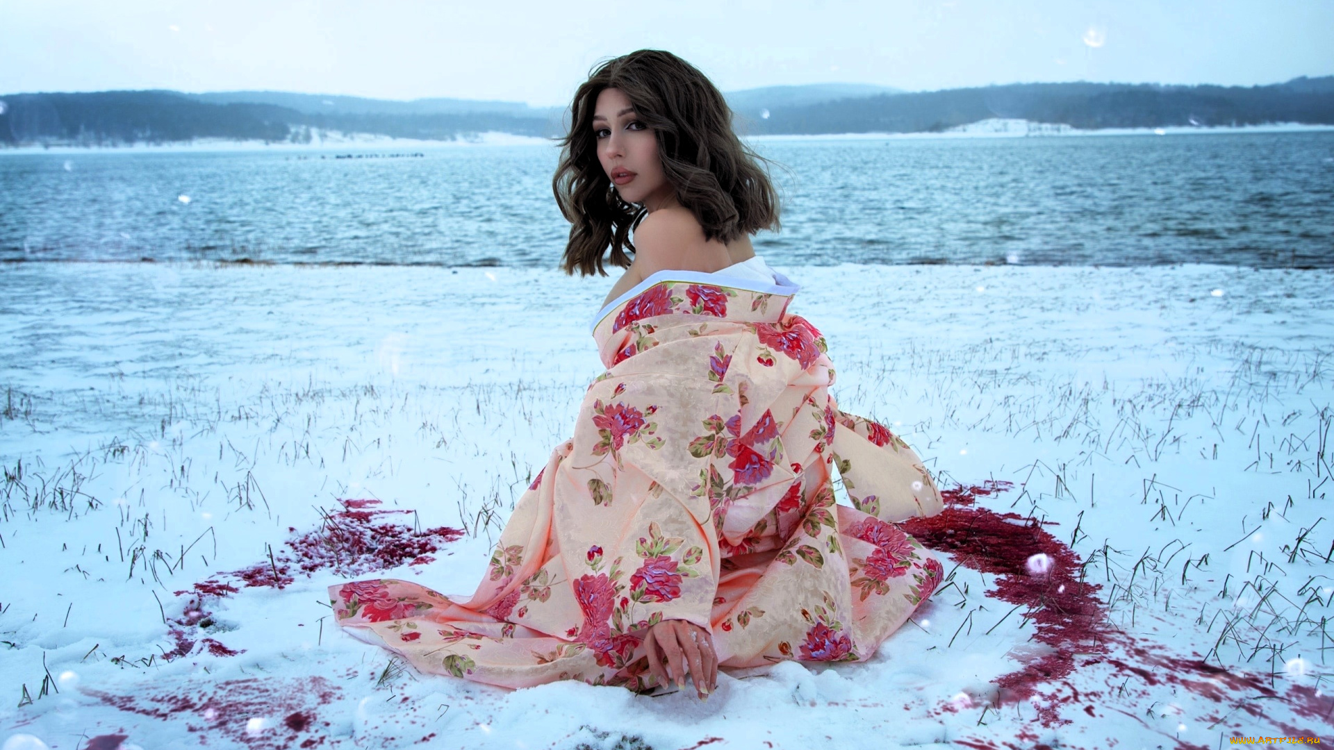 ladybell, девушки, -, креатив, , косплей, образ, косплей, наряд, костюм, кимоно, кровь, снег, зима, озеро