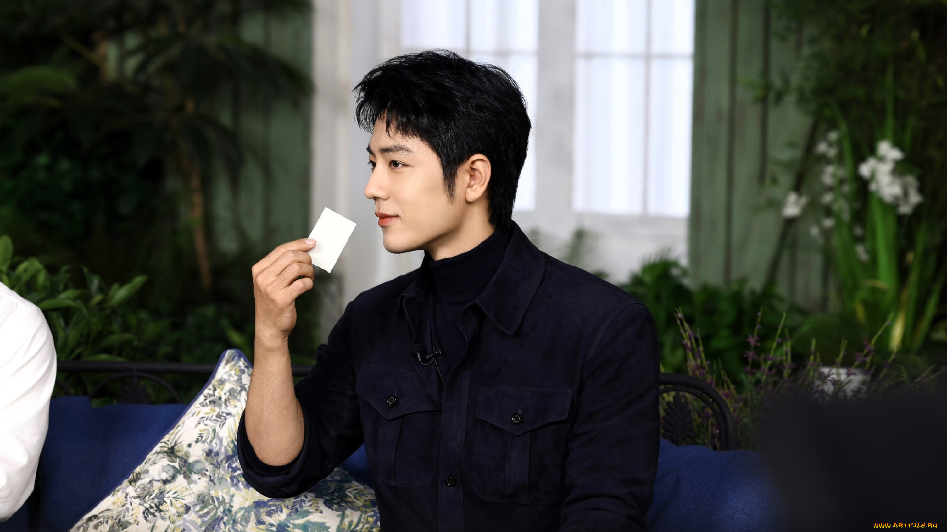 мужчины, xiao, zhan, актер, рубашка, диван, подушки, цветы