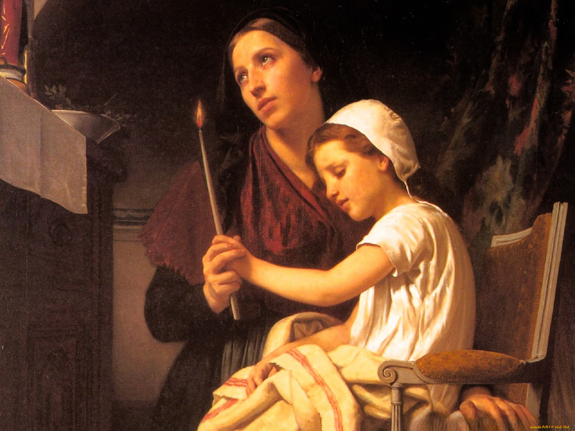 adolphe-william, bouguereau, рисованное, женщина, девочка, кресло, свеча