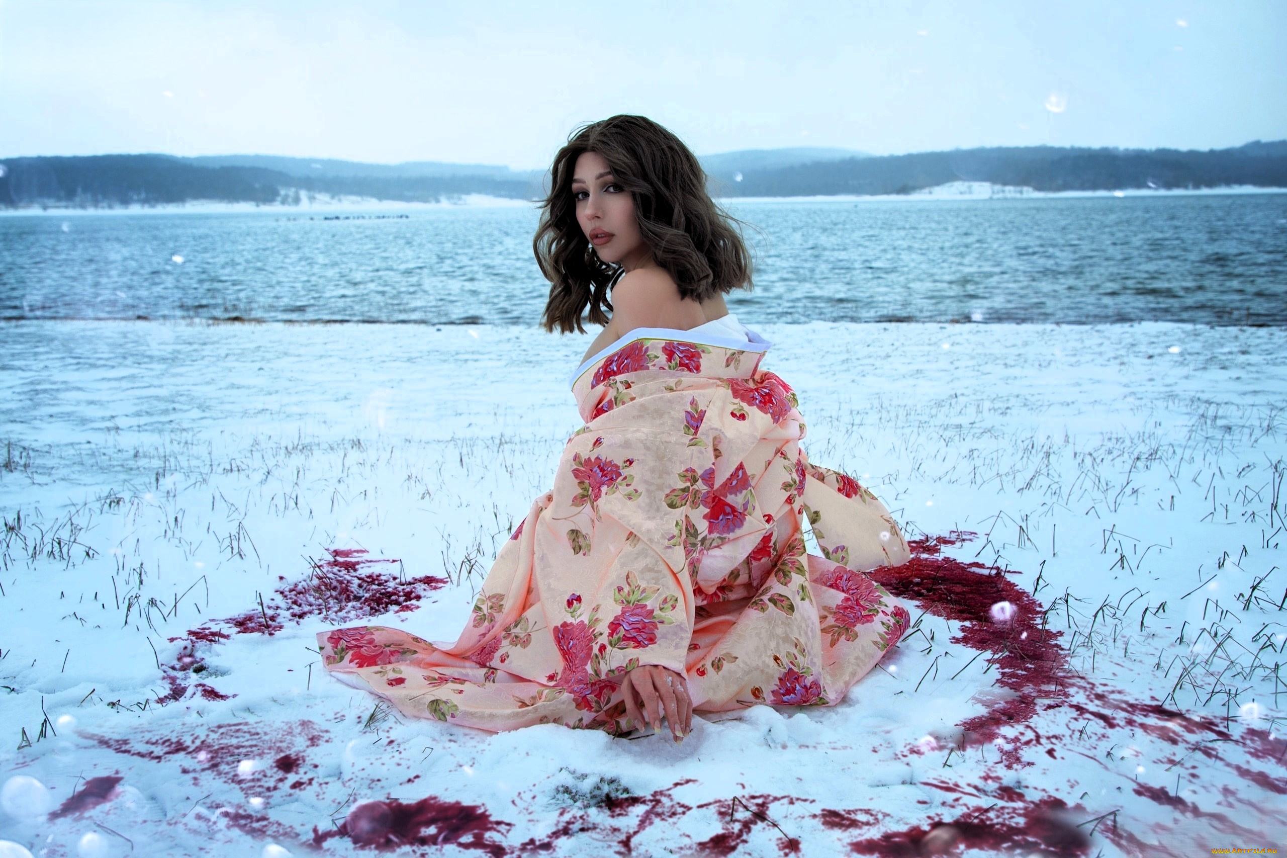 ladybell, девушки, -, креатив, , косплей, образ, косплей, наряд, костюм, кимоно, кровь, снег, зима, озеро