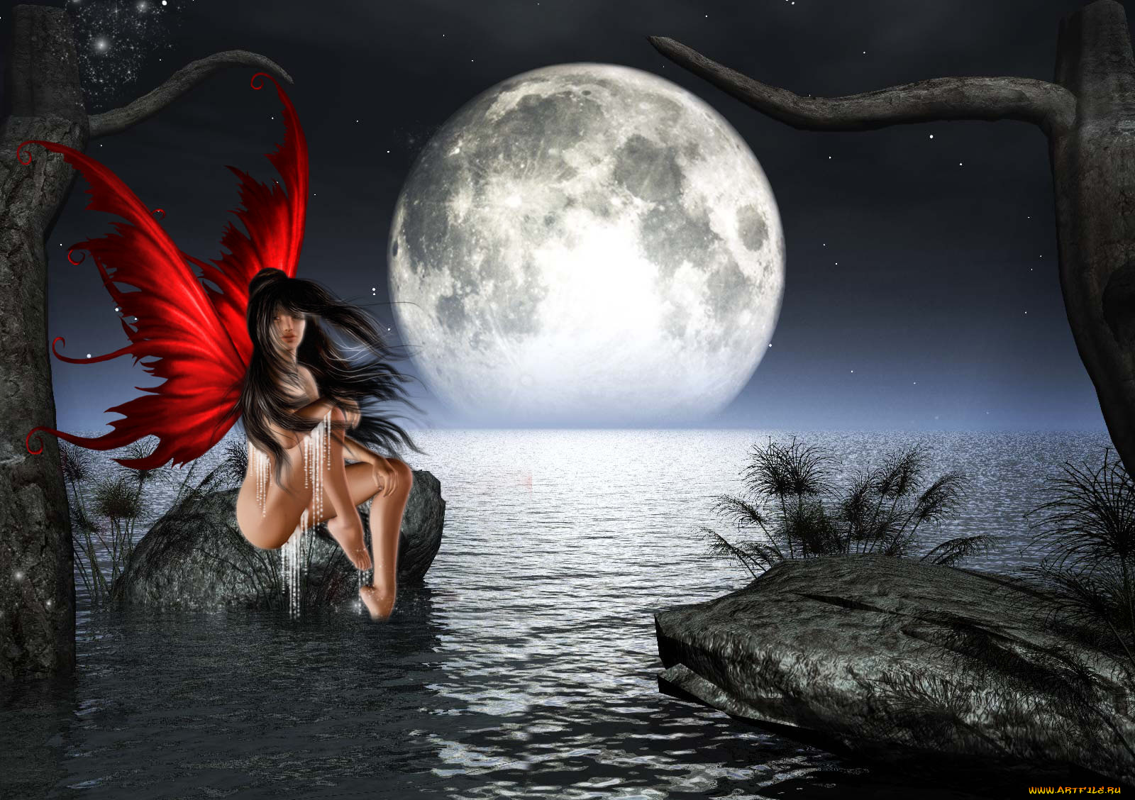 3д, графика, elves, эльфы, девушка, луна