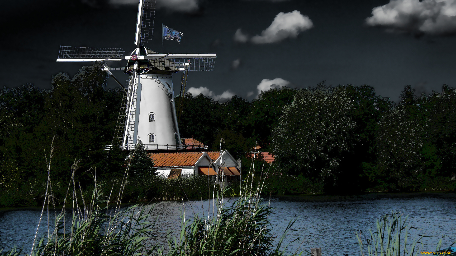 3д, графика, nature, landscape, природа, река, мельница