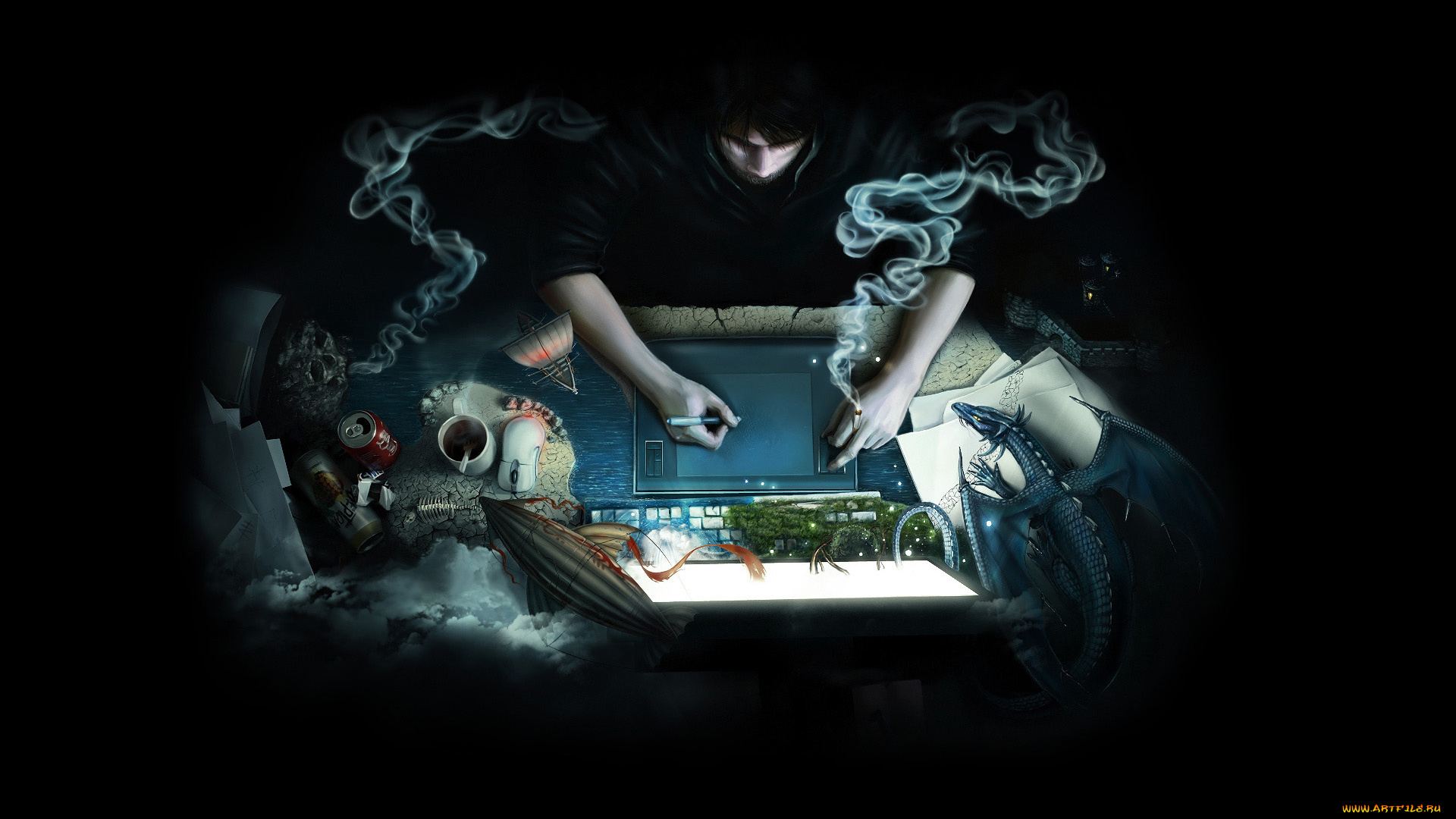 3д, графика, people, люди, дым, мышь, кружка, кофе, банка, пиво, сигарета, компьютер, планшет