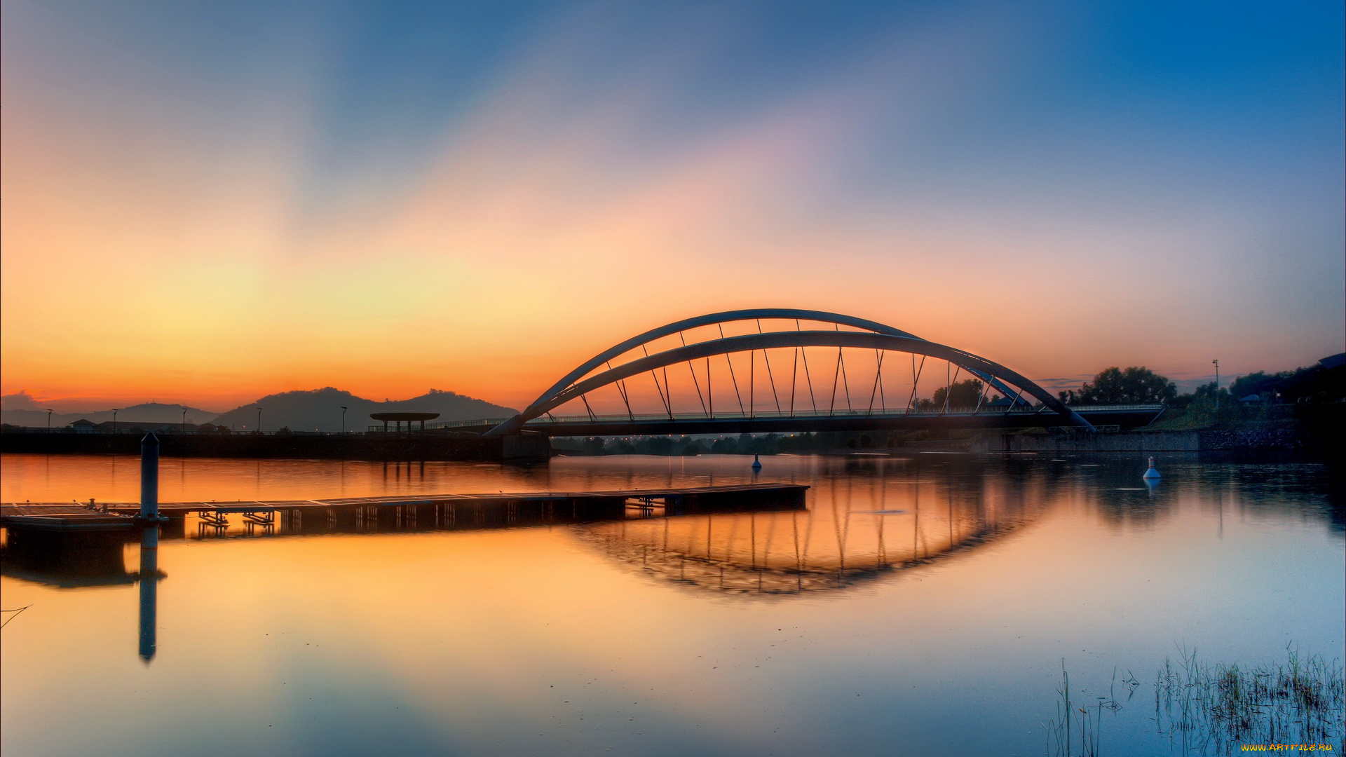 города, мосты, вечер, мост, река