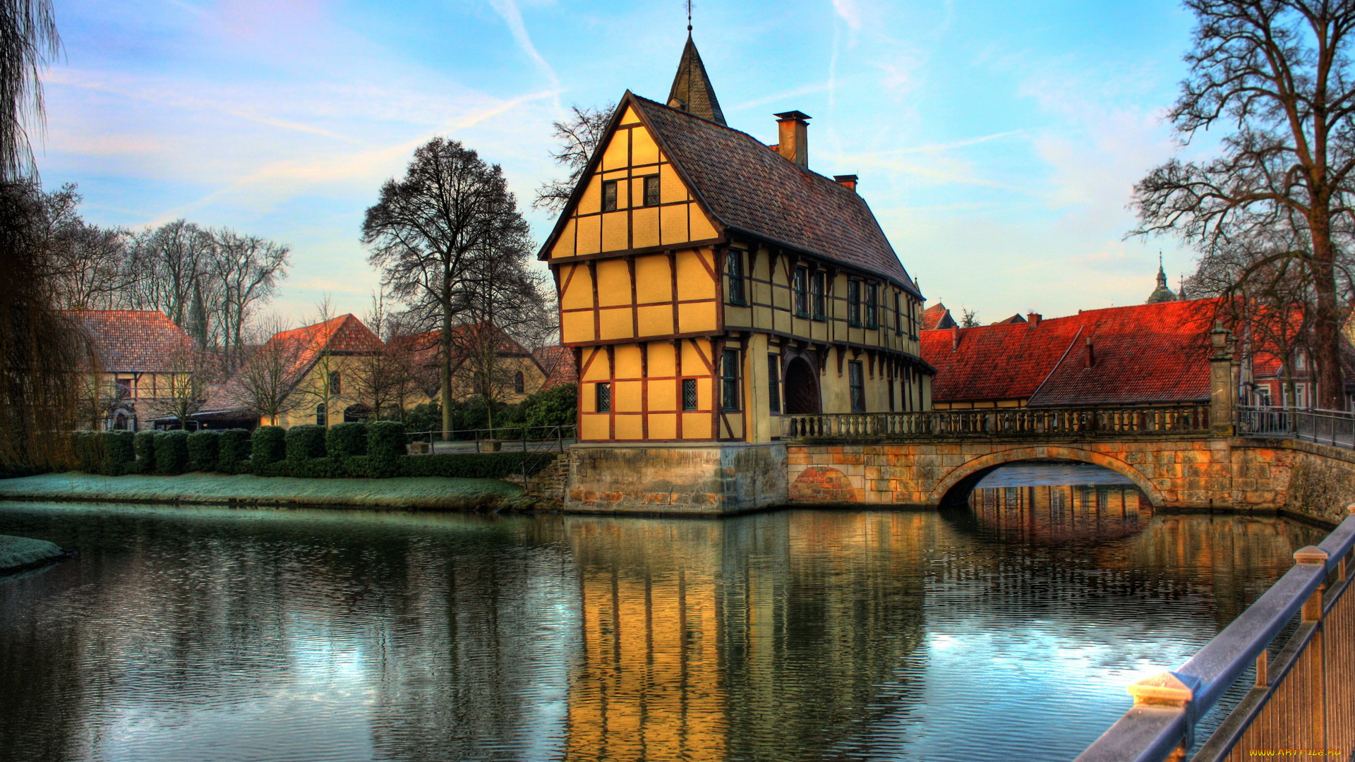 города, здания, дома, вода, мостик, дом