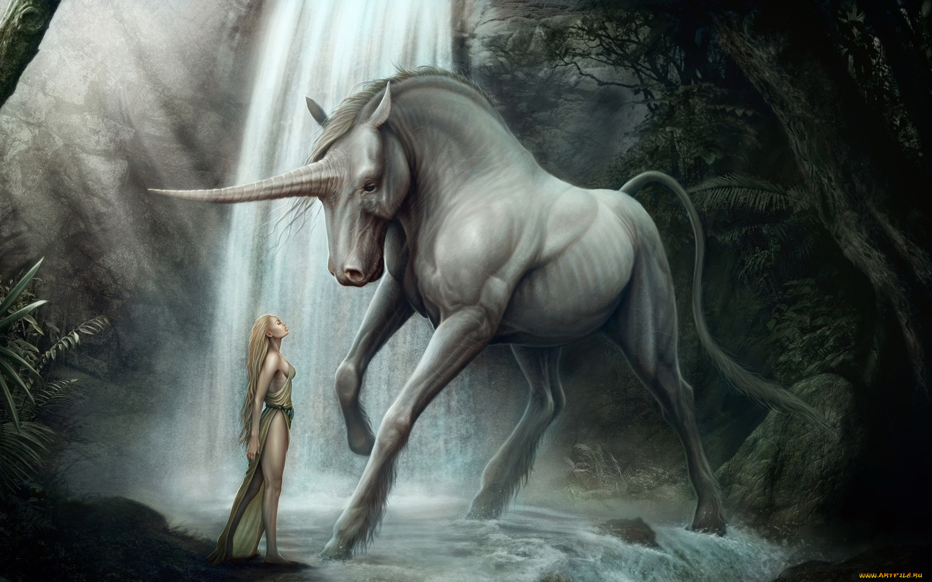 фэнтези, единороги, девушка, водопад