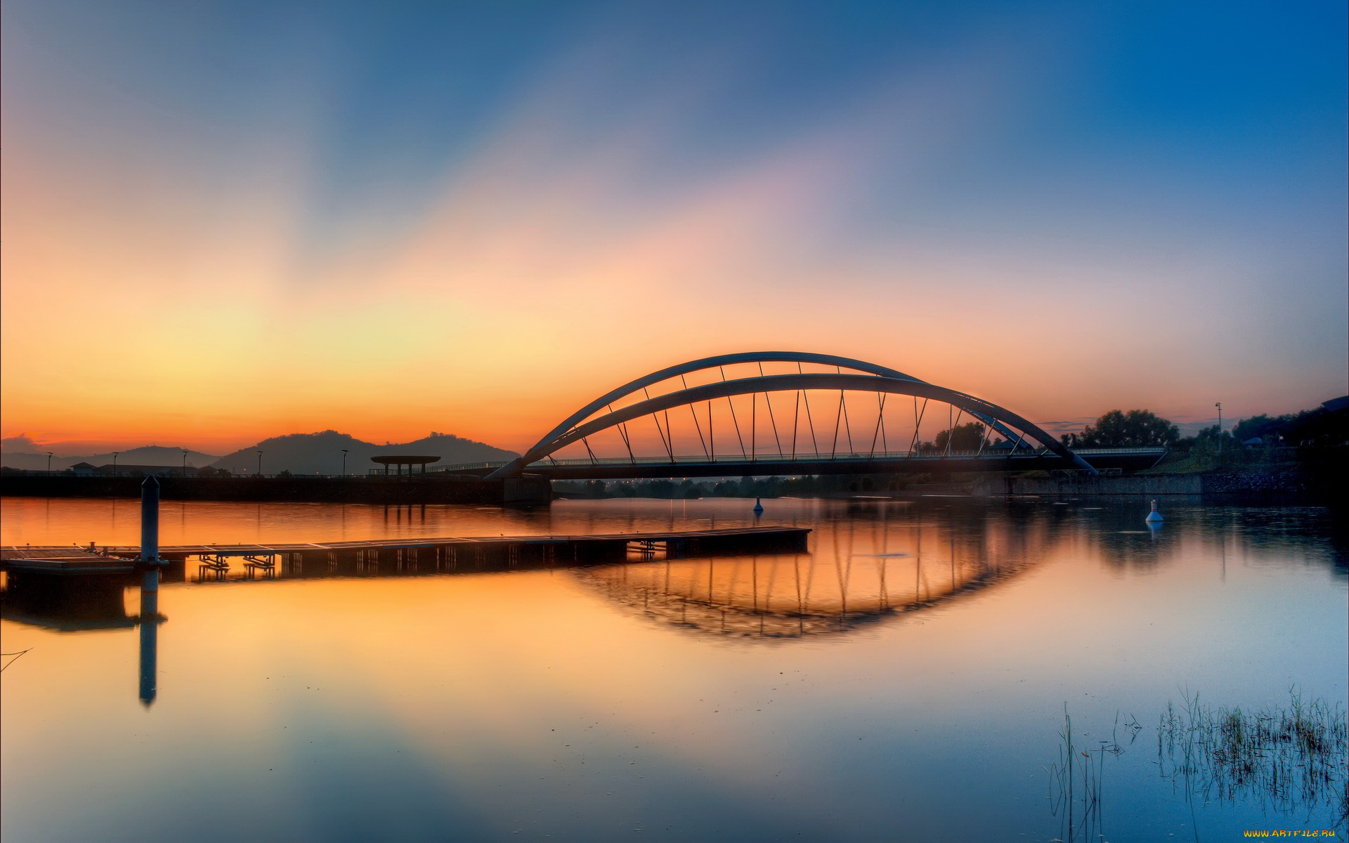 города, мосты, вечер, мост, река