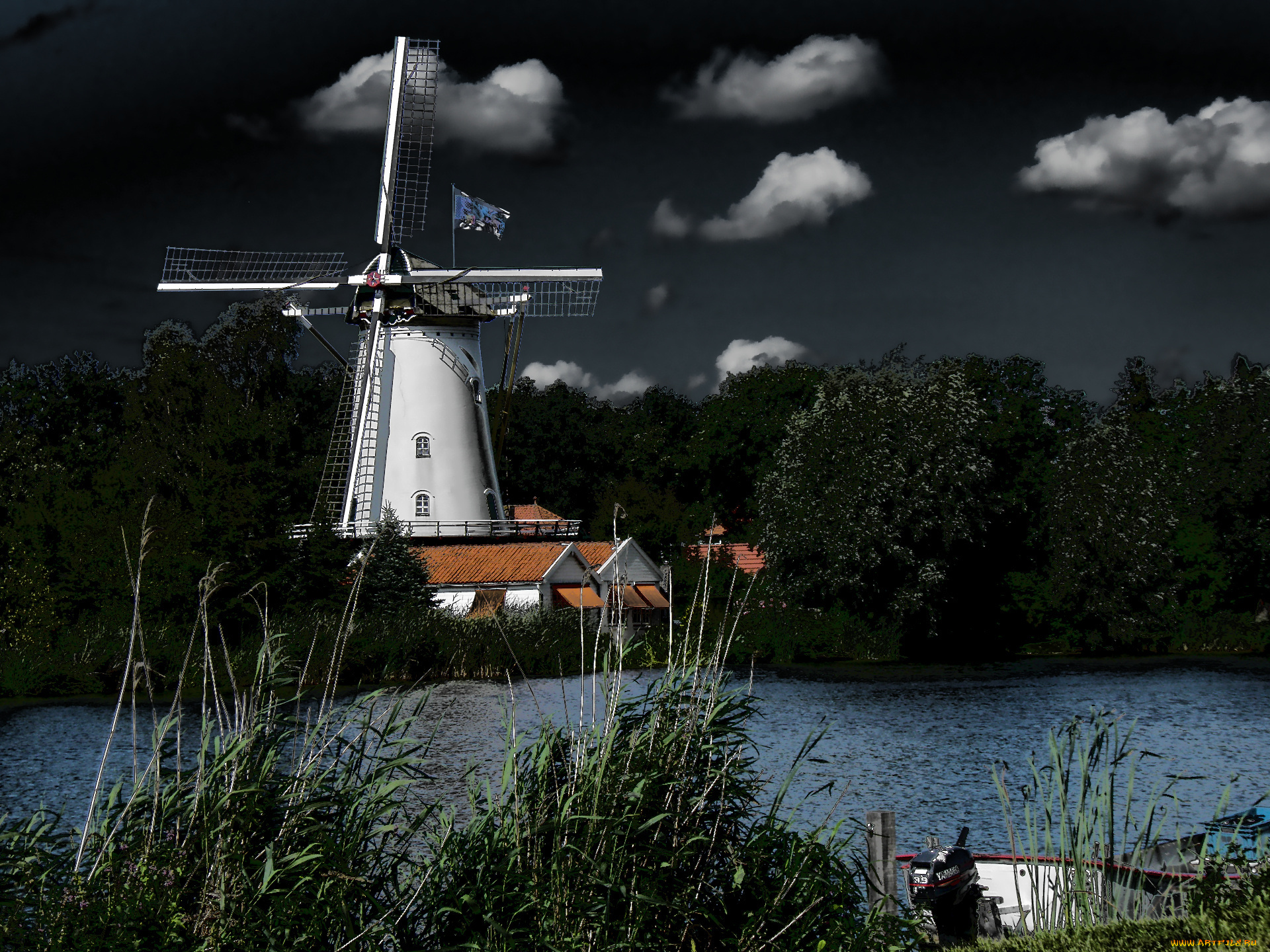 3д, графика, nature, landscape, природа, река, мельница