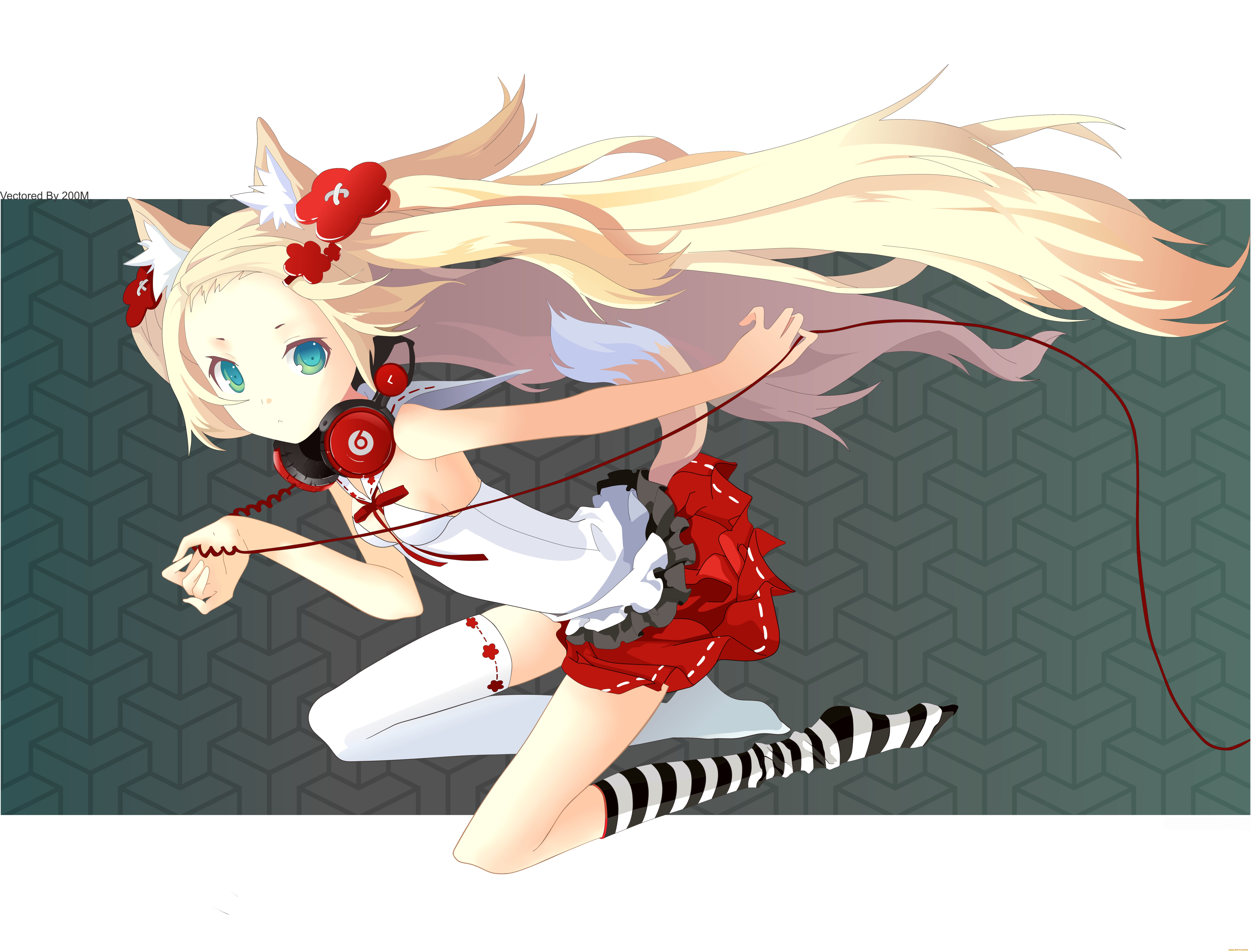 аниме, headphones, instrumental, девушка, кошка