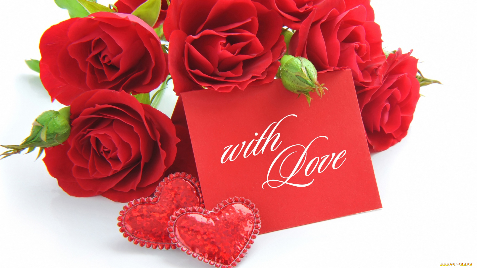 цветы, розы, открытка, сердечки, красные, фон