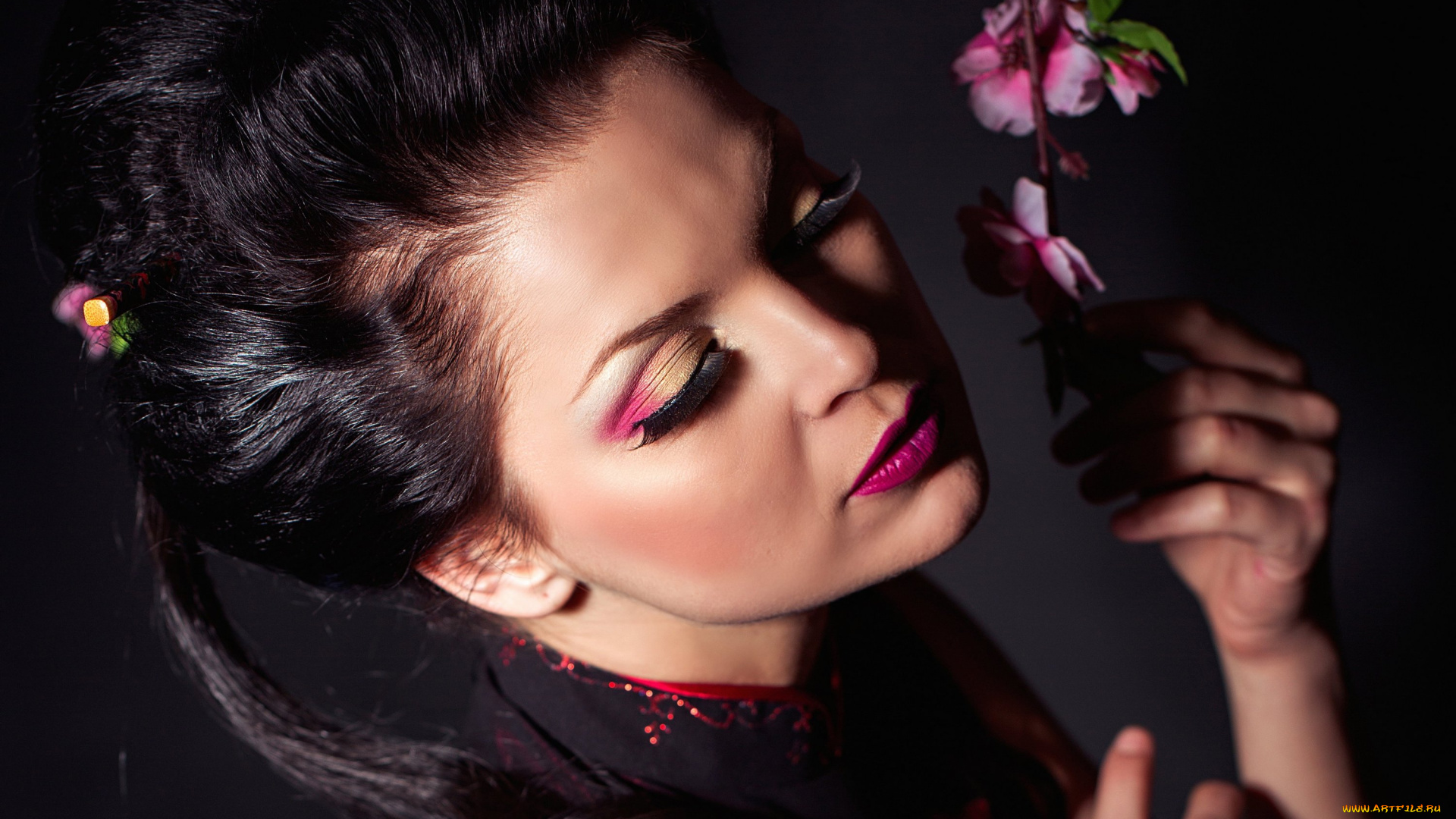 девушки, -unsort, , лица, , портреты, фон, сакура, руки, прическа, взгляд, make, up, макияж, девушка