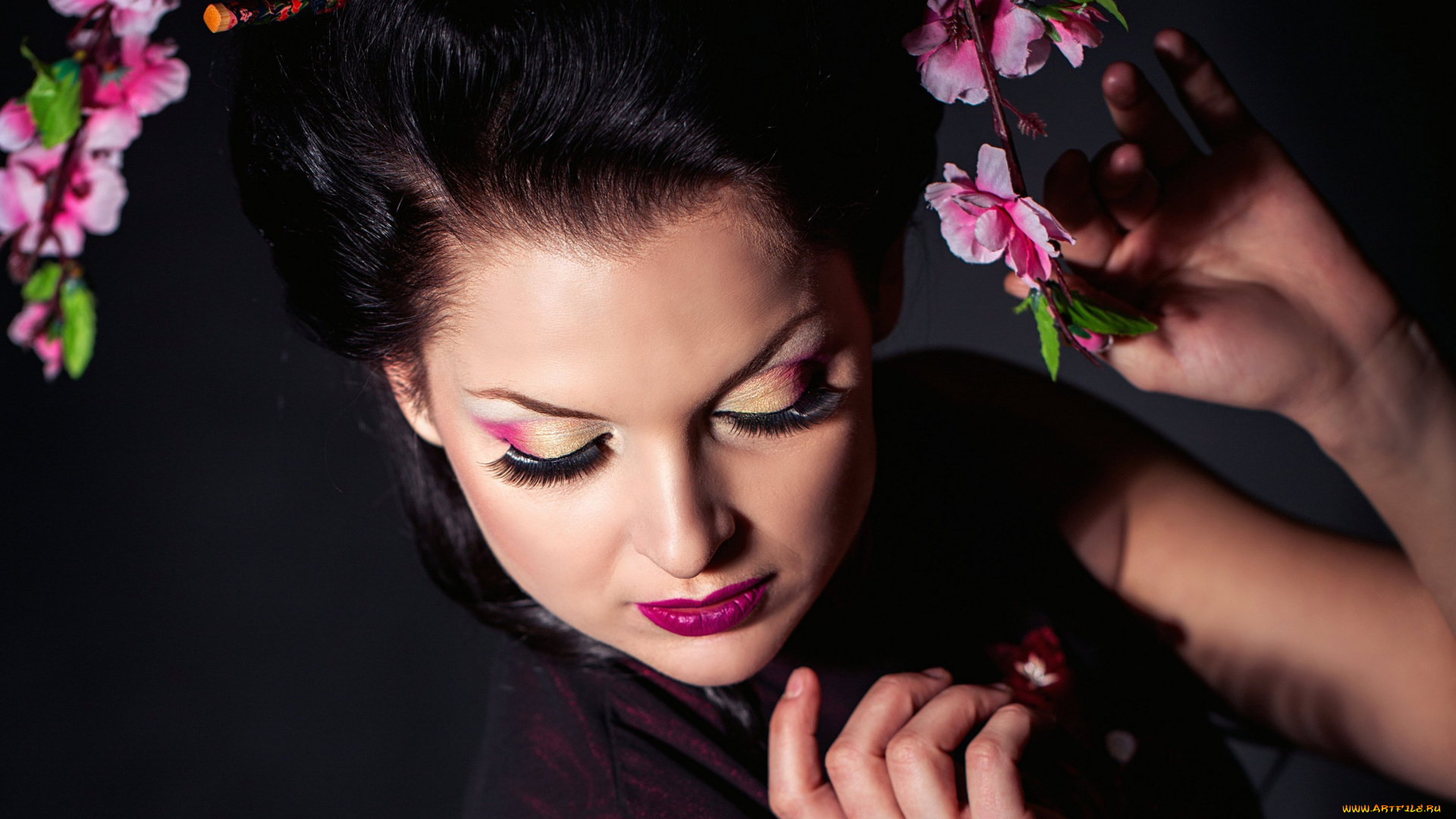 девушки, -unsort, , лица, , портреты, макияж, лицо, девушка, фон, сакура, ресницы, волосы