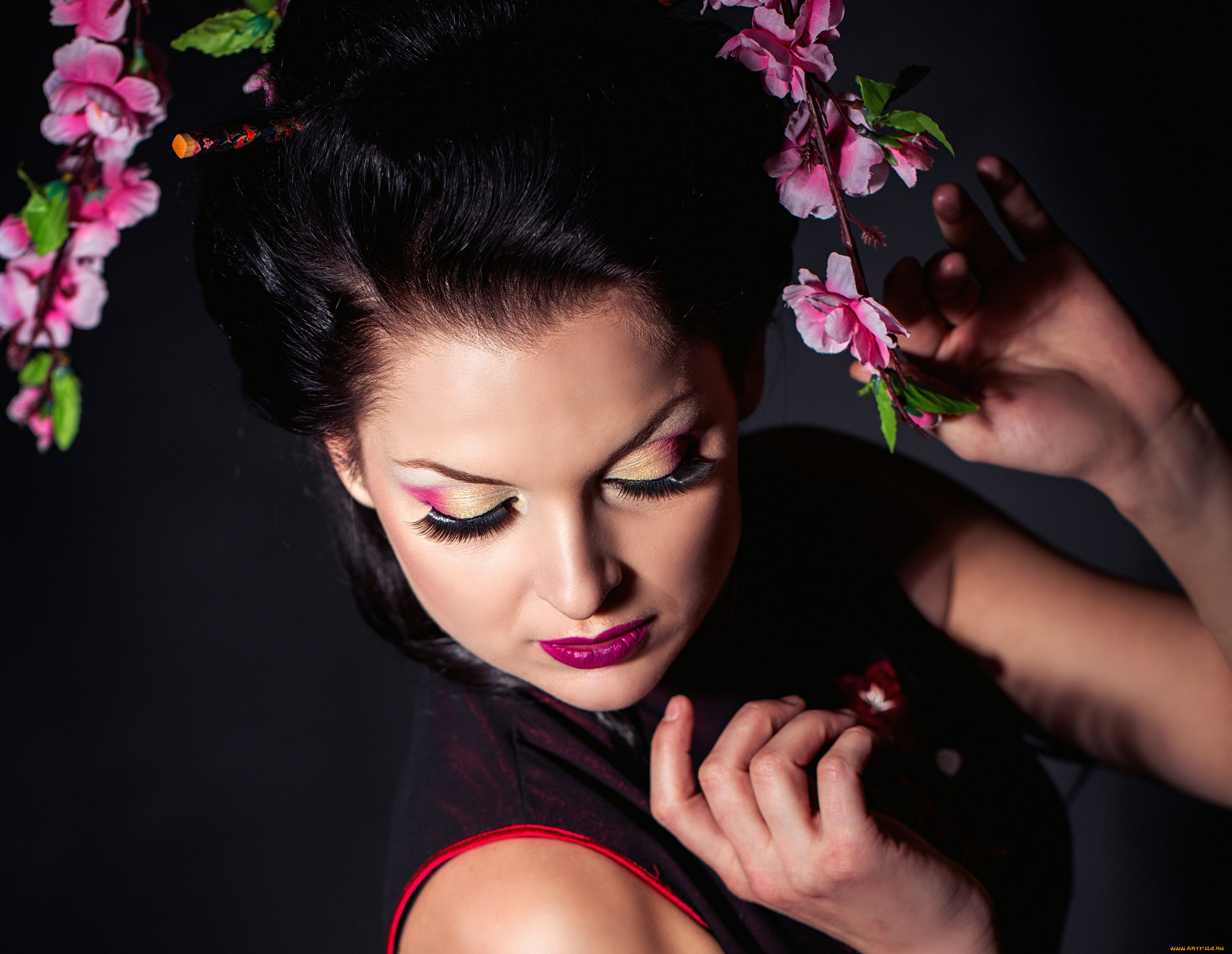 девушки, -unsort, , лица, , портреты, макияж, лицо, девушка, фон, сакура, ресницы, волосы