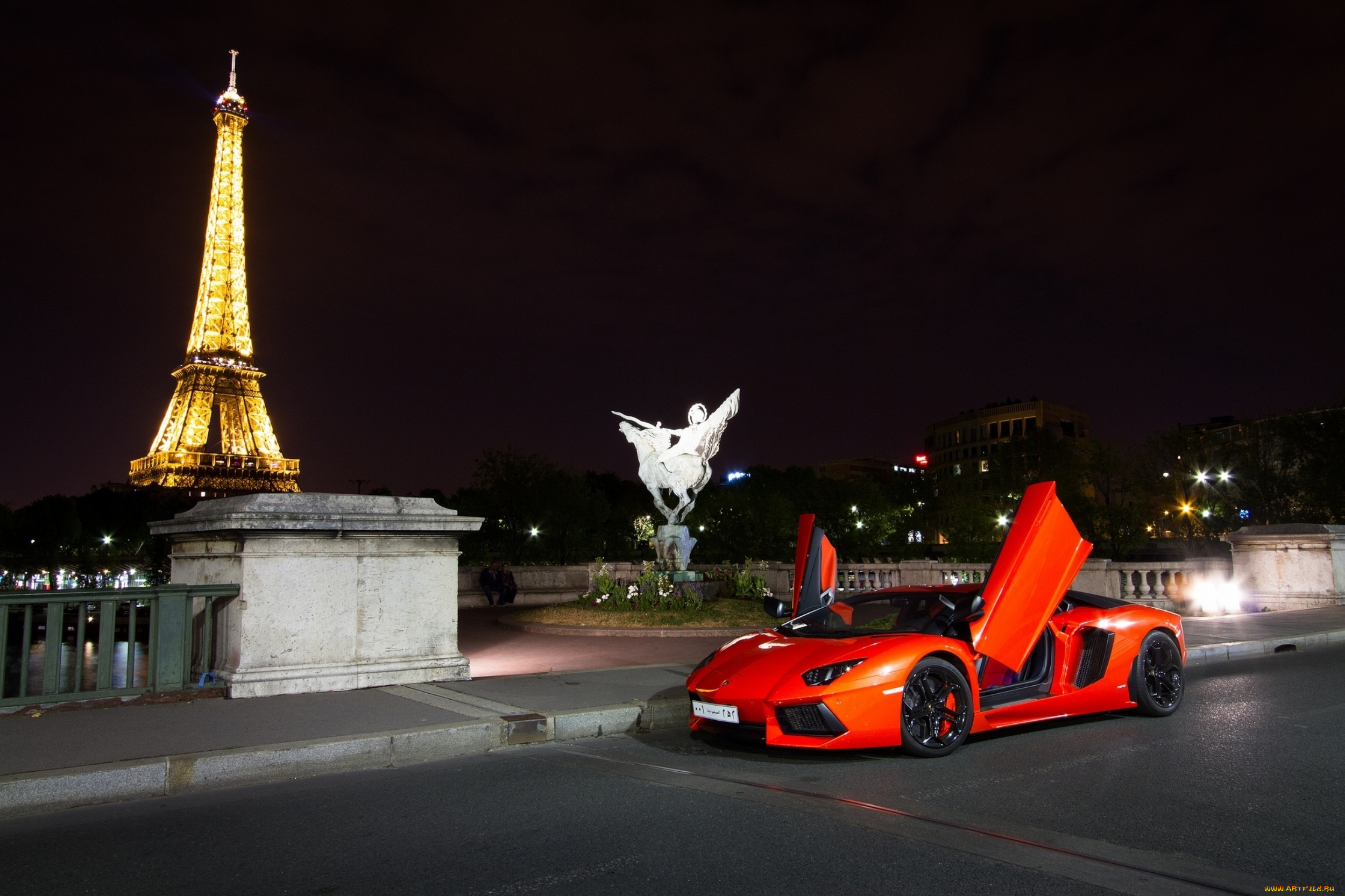 ламборджини, автомобили, lamborghini, ночь, париж, эйфелева, башня, авто, композиция