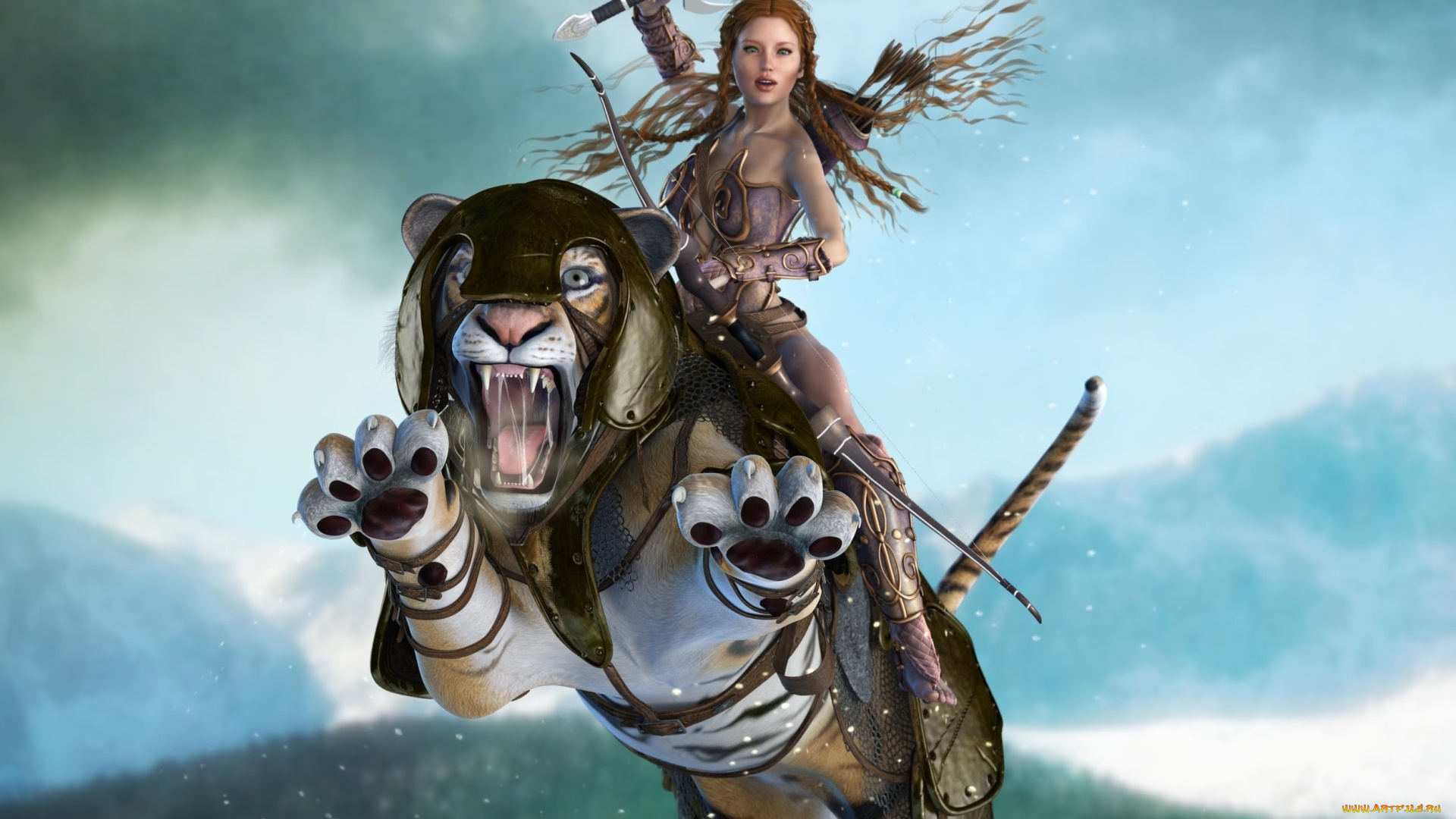 3д, графика, эльфы, , elves, фон, взгляд, эльфийка, тигр, оружие