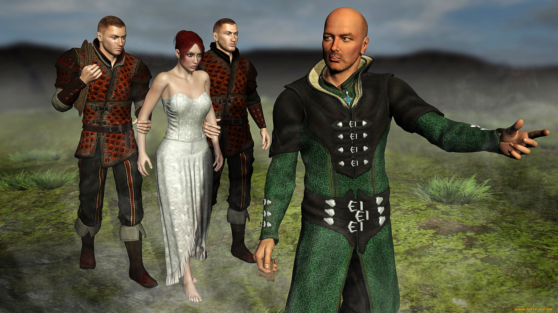 3д, графика, фантазия, , fantasy, девушка, парни, фон, взгляд