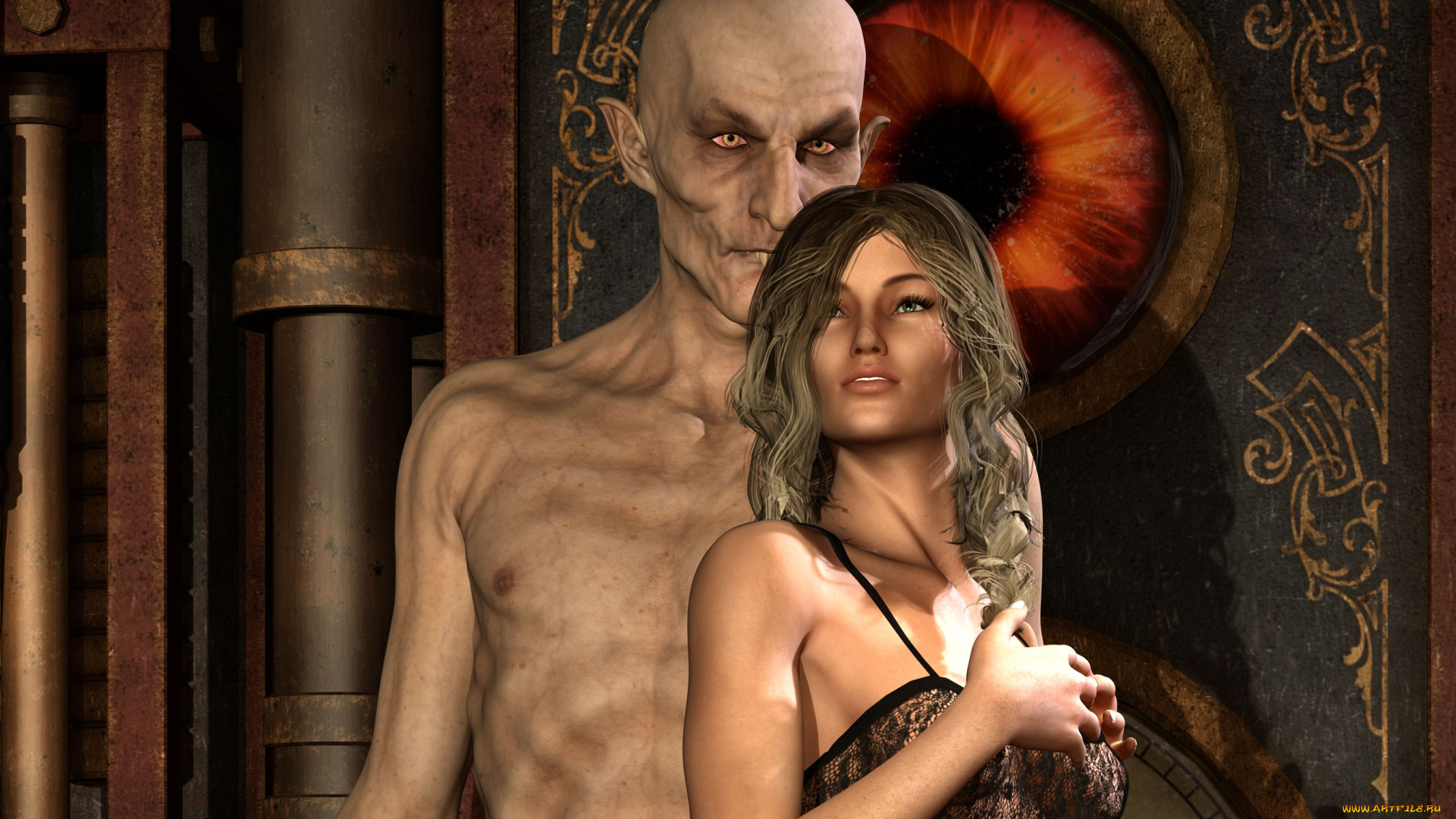 3д, графика, фантазия, , fantasy, девушка, взгляд, фон, троль