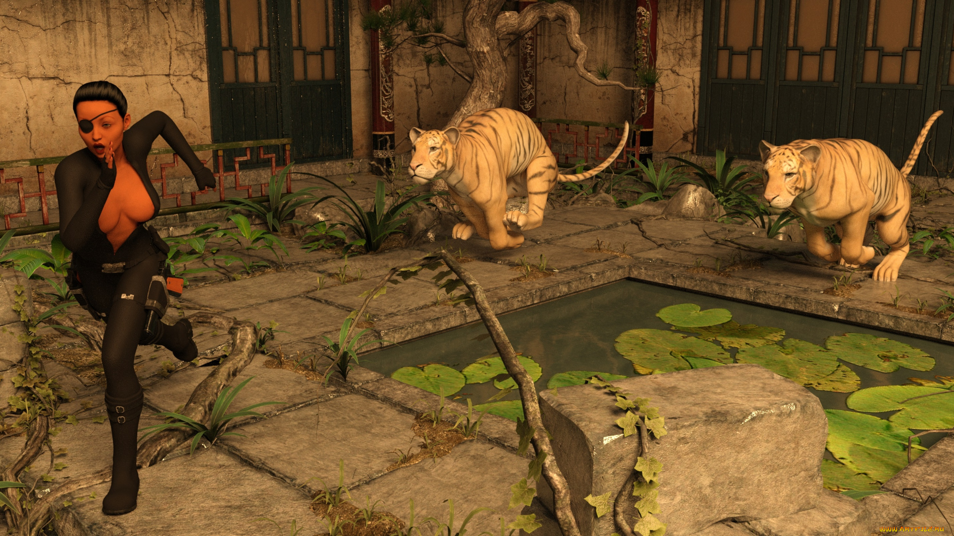 3д, графика, фантазия, , fantasy, девушка, взгляд, фон, тигры