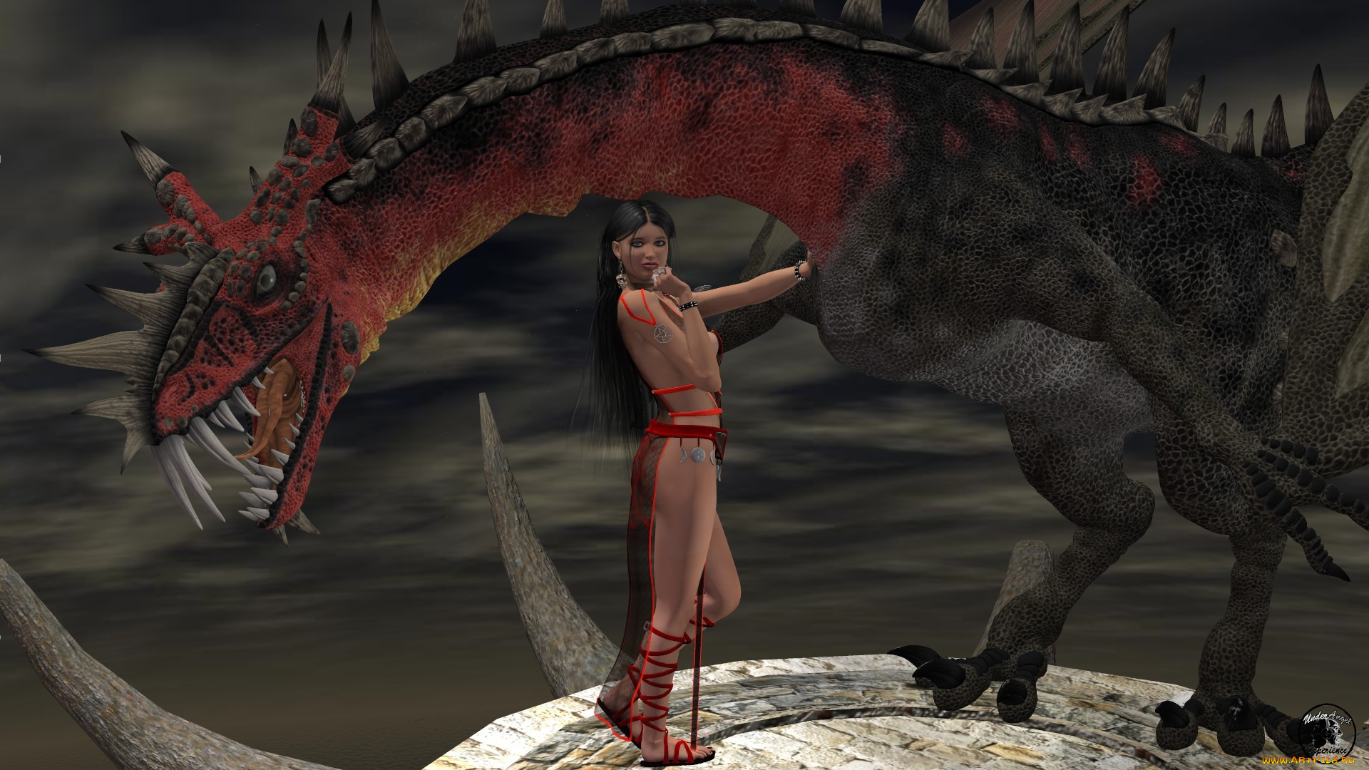 3д, графика, фантазия, , fantasy, дракон, фон, взгляд, девушка