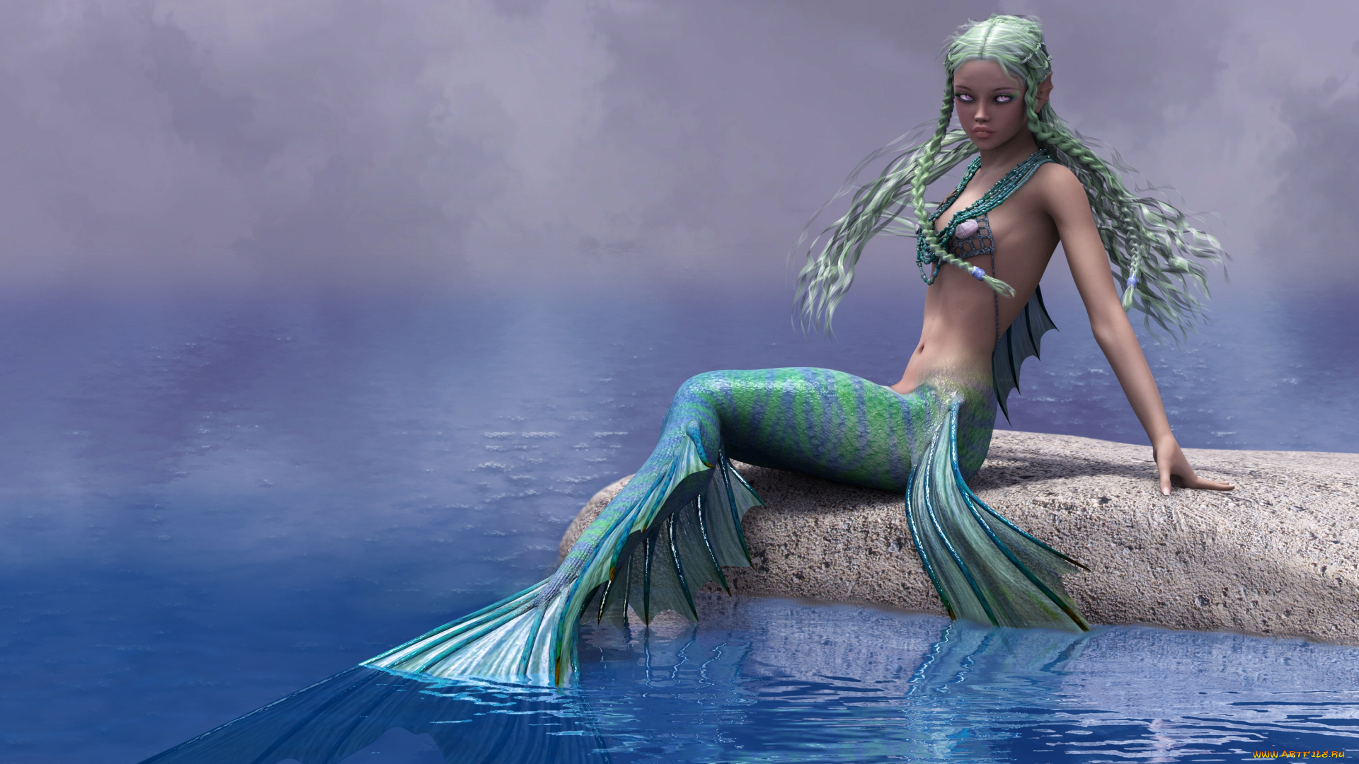 3д, графика, существа, , creatures, фон, взгляд, девушка, море, русалка