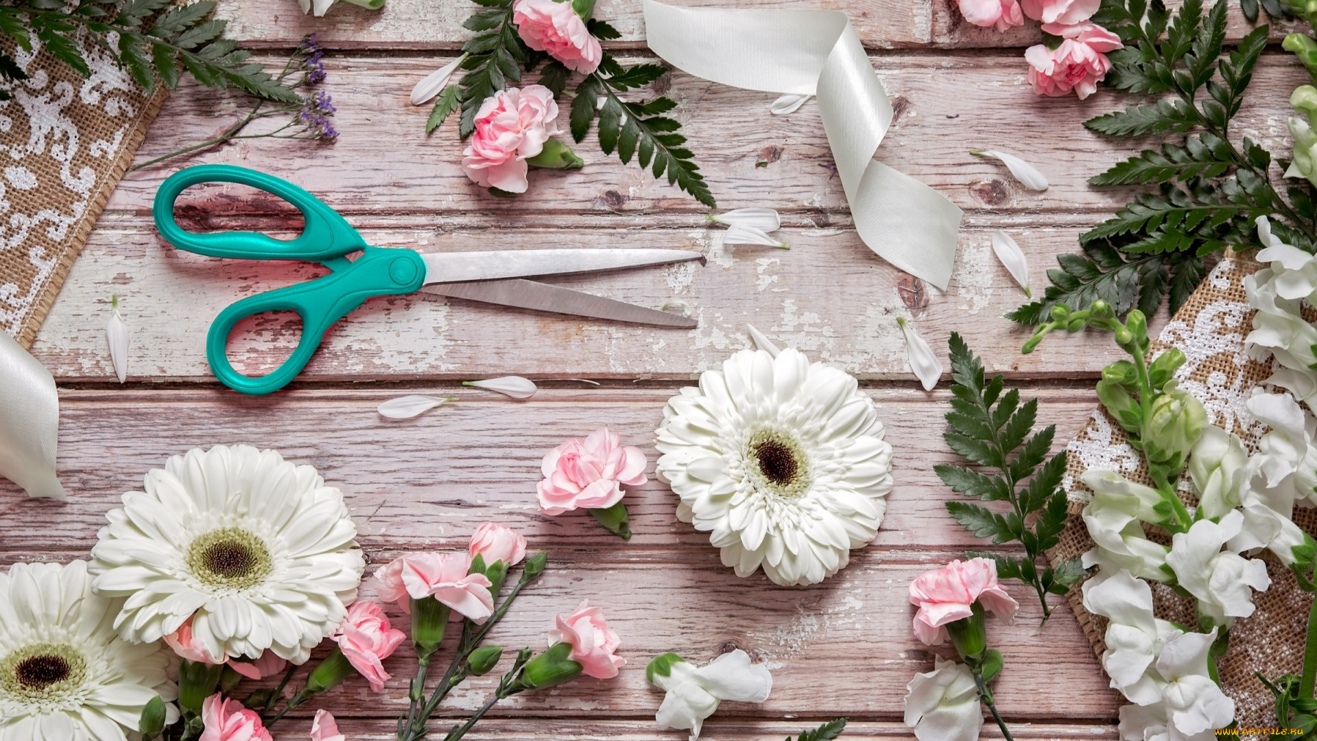 цветы, разные, вместе, лепестки, ножницы, гербера, гвоздика, папоротник, львиный, зев