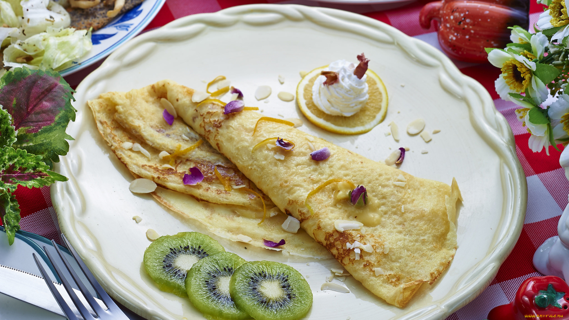 еда, блины, , оладьи, десерт, миндаль, блинчики, киви, лимон