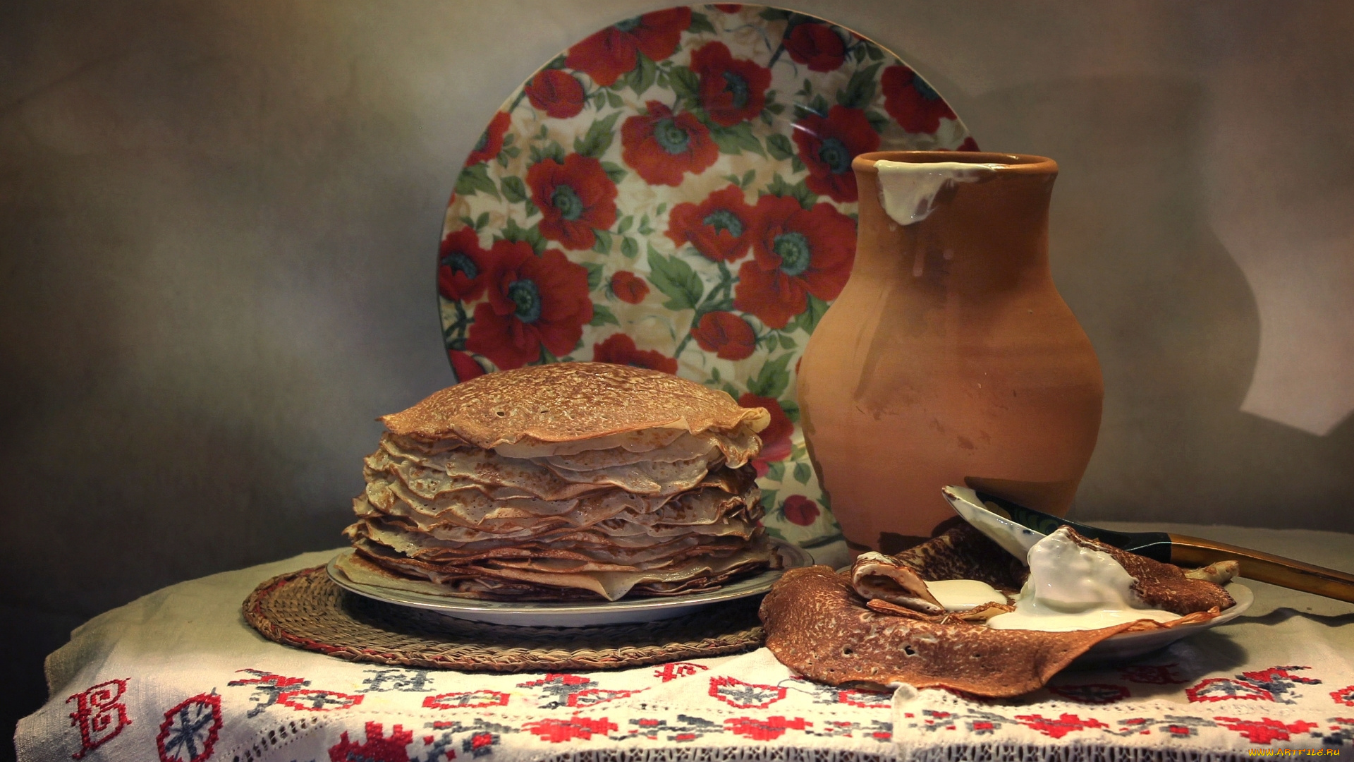 еда, блины, , оладьи, кувшин, натюрморт, тарелка, сметана