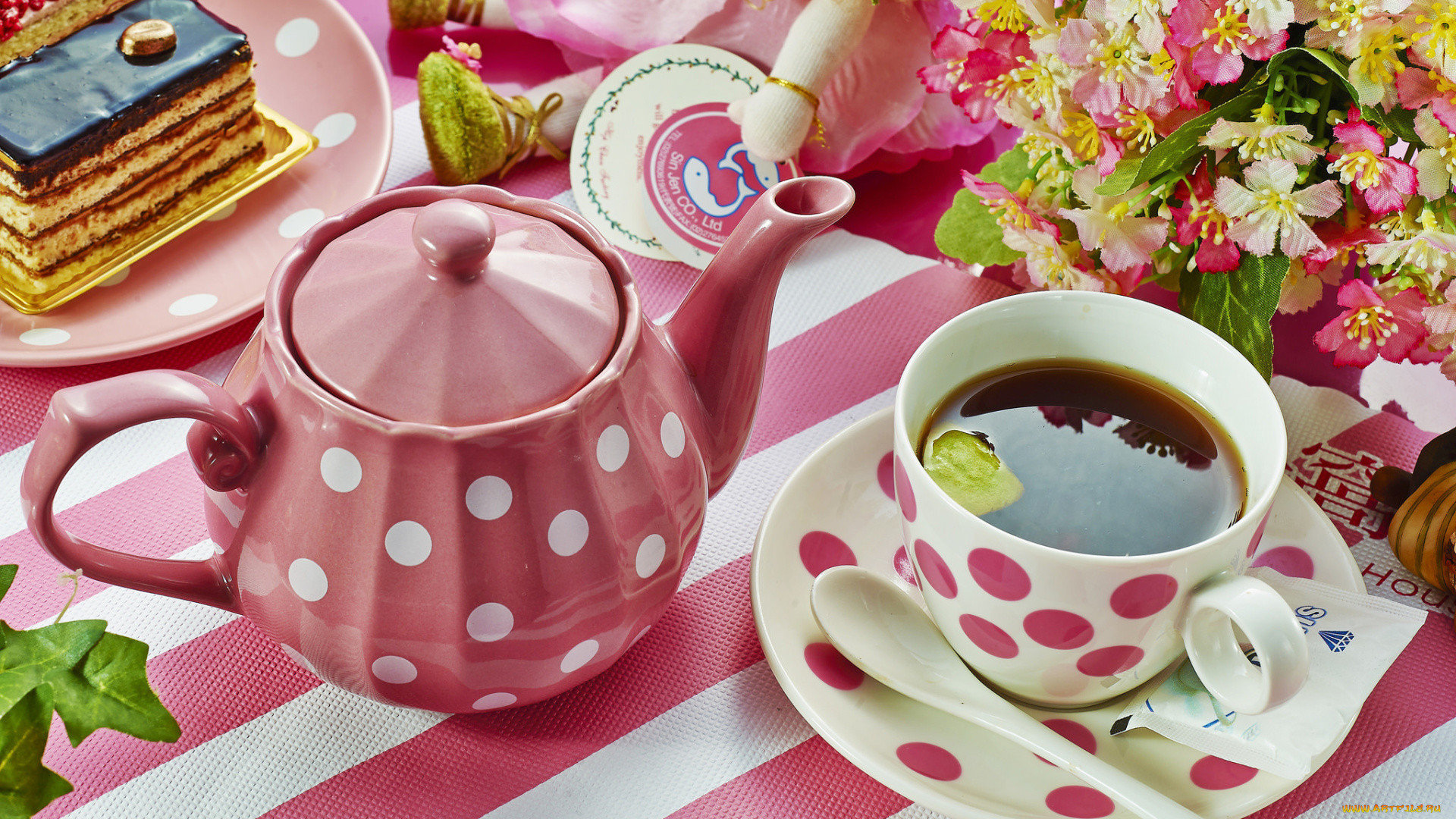 еда, напитки, , Чай, торт, чайник, чай, посуда, цветы