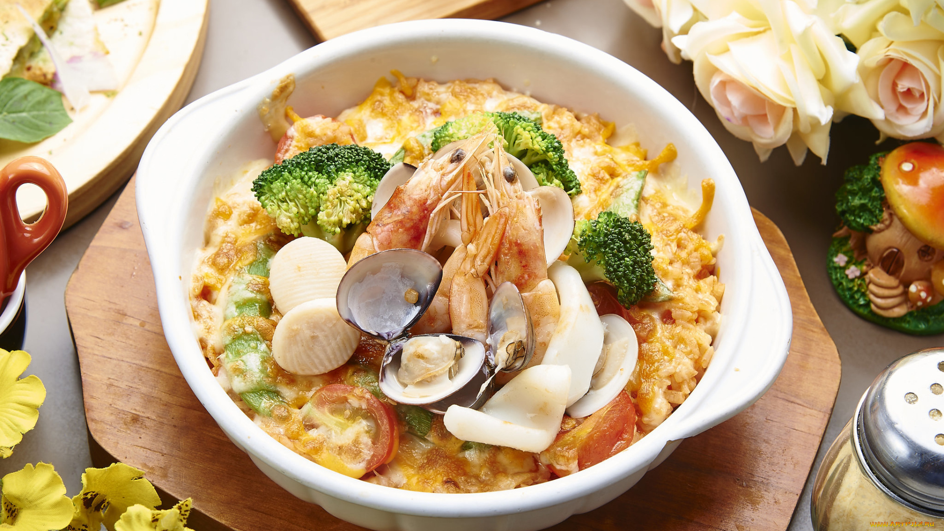 еда, рыбные, блюда, , с, морепродуктами, овощи, запеканка, розы, брокколи, моллюски, креветки