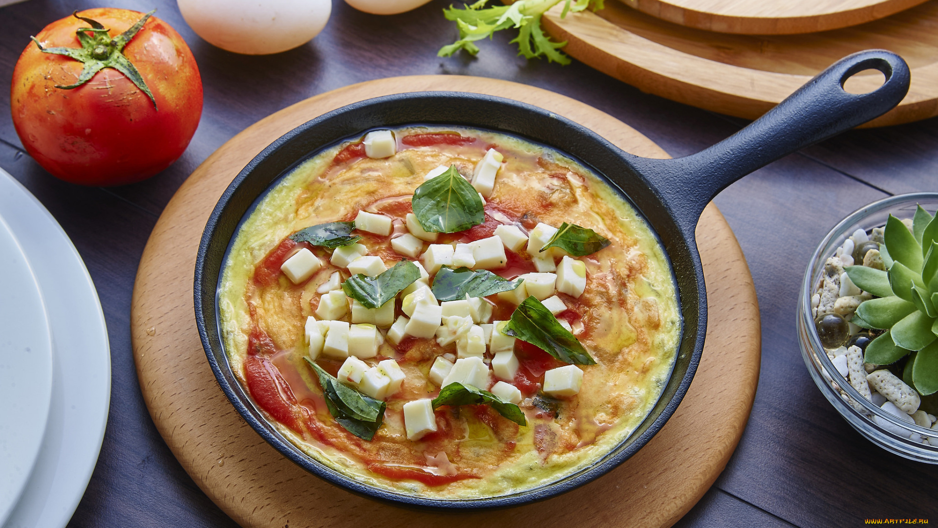 еда, Яичные, блюда, сыр, базилик, яйца, помидор, омлет, завтрак