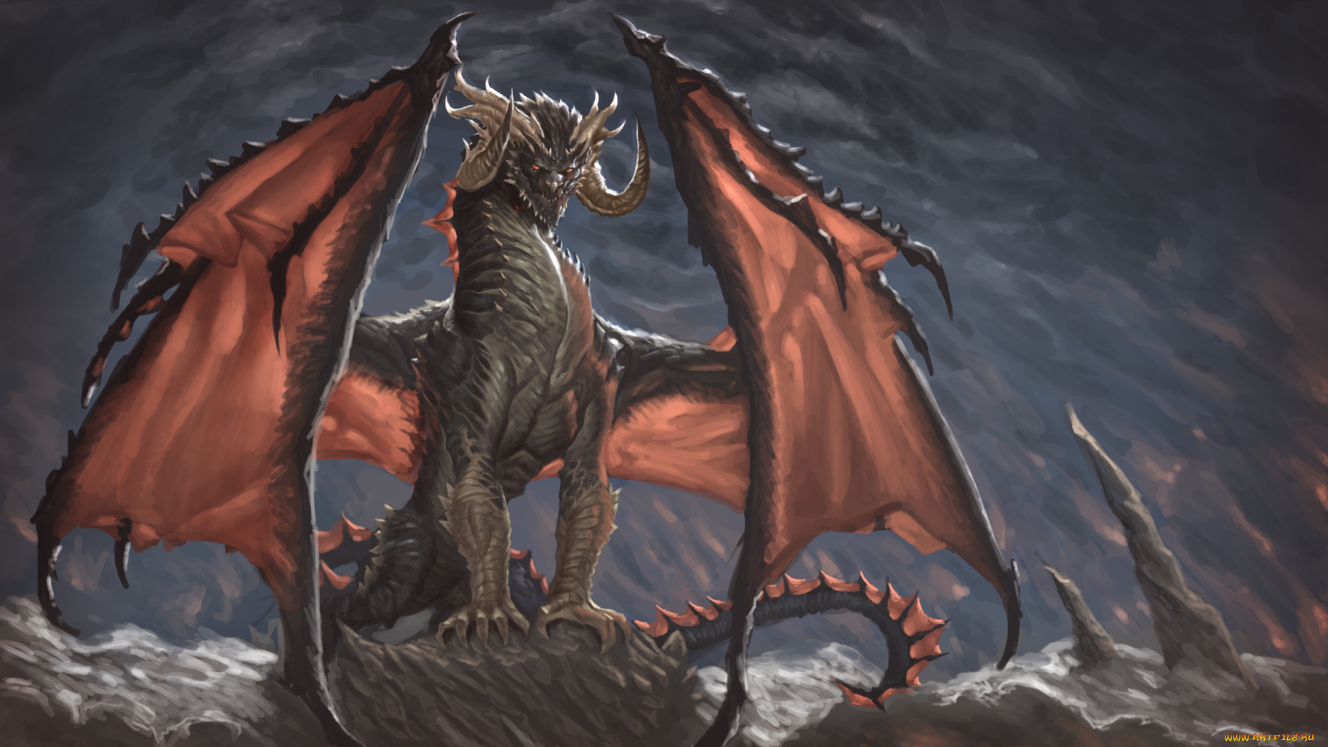 фэнтези, драконы, рога, взгляд, дракон, пещера, когти, фантастика, арт, крылья