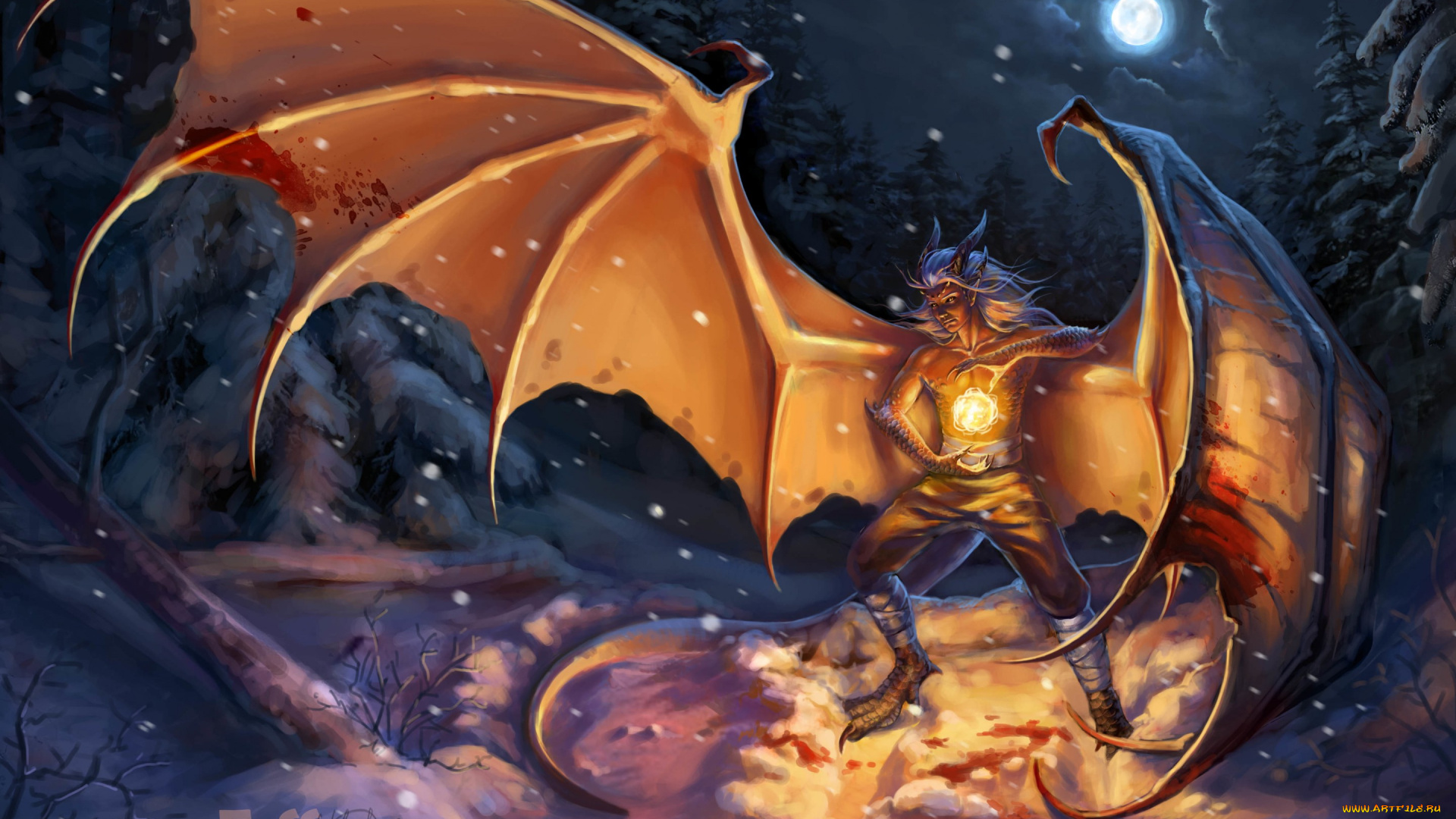фэнтези, драконы, зима, снег, огонь, шар, чешуя, магия, крылья, дракон, парень, арт, фантастика, луна, небо, ночь