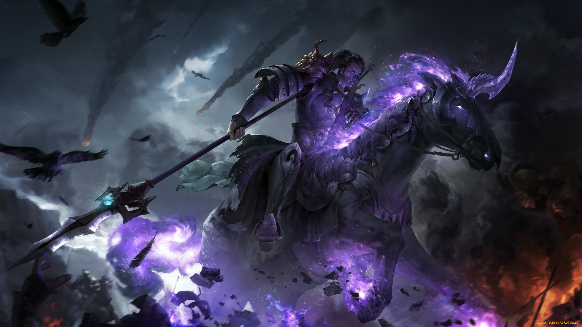 фэнтези, нежить, арт, пламя, бой, конь, воин, рыцарь