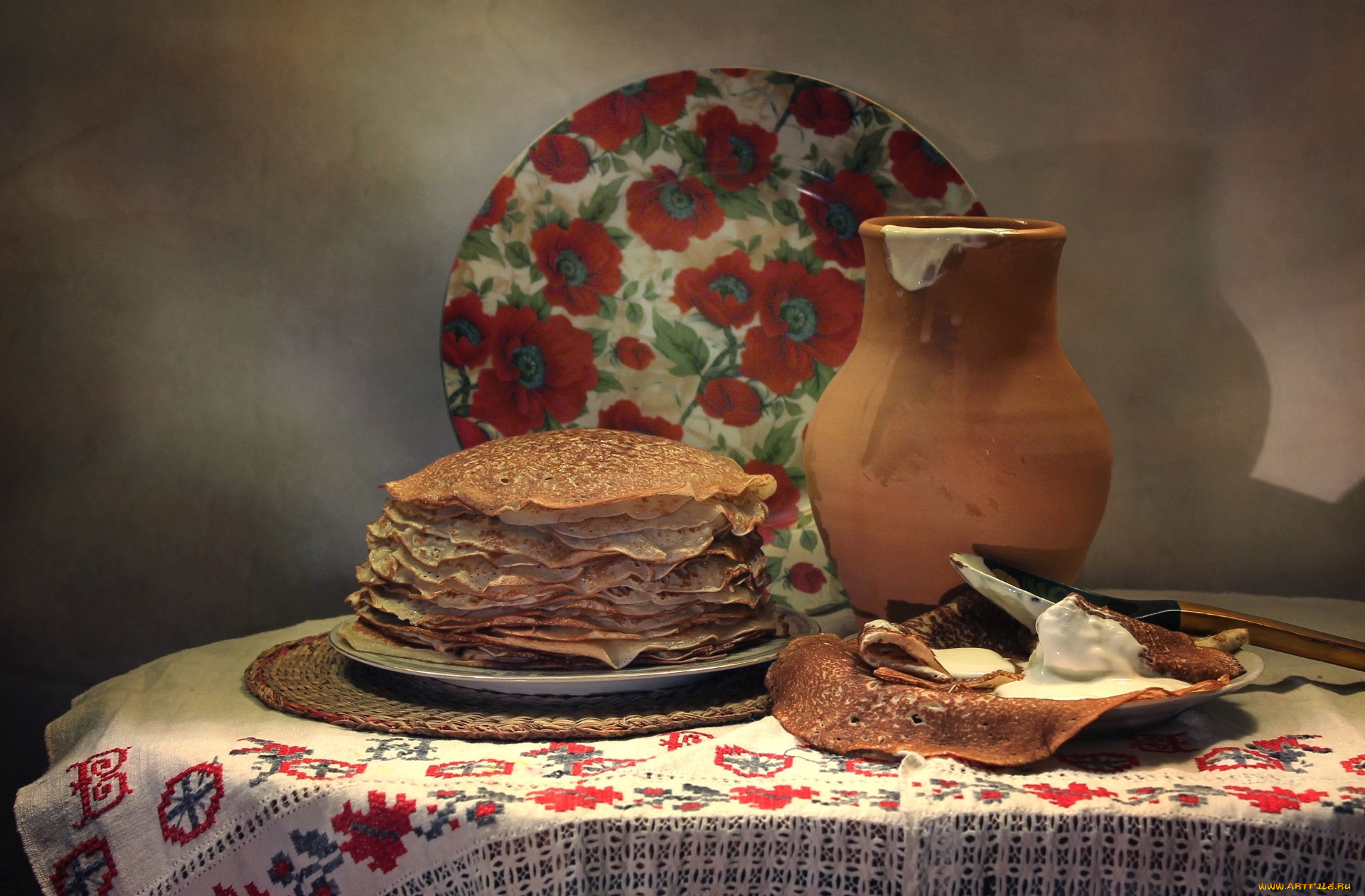 еда, блины, , оладьи, кувшин, натюрморт, тарелка, сметана