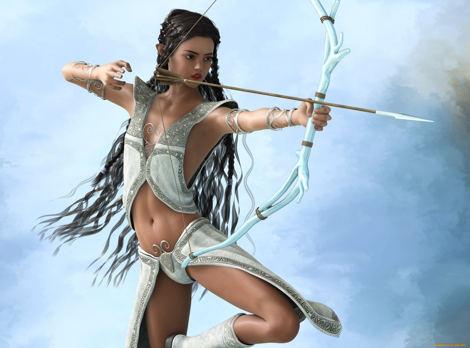 3д, графика, эльфы, , elves, оружие, фон, взгляд, эльфийка