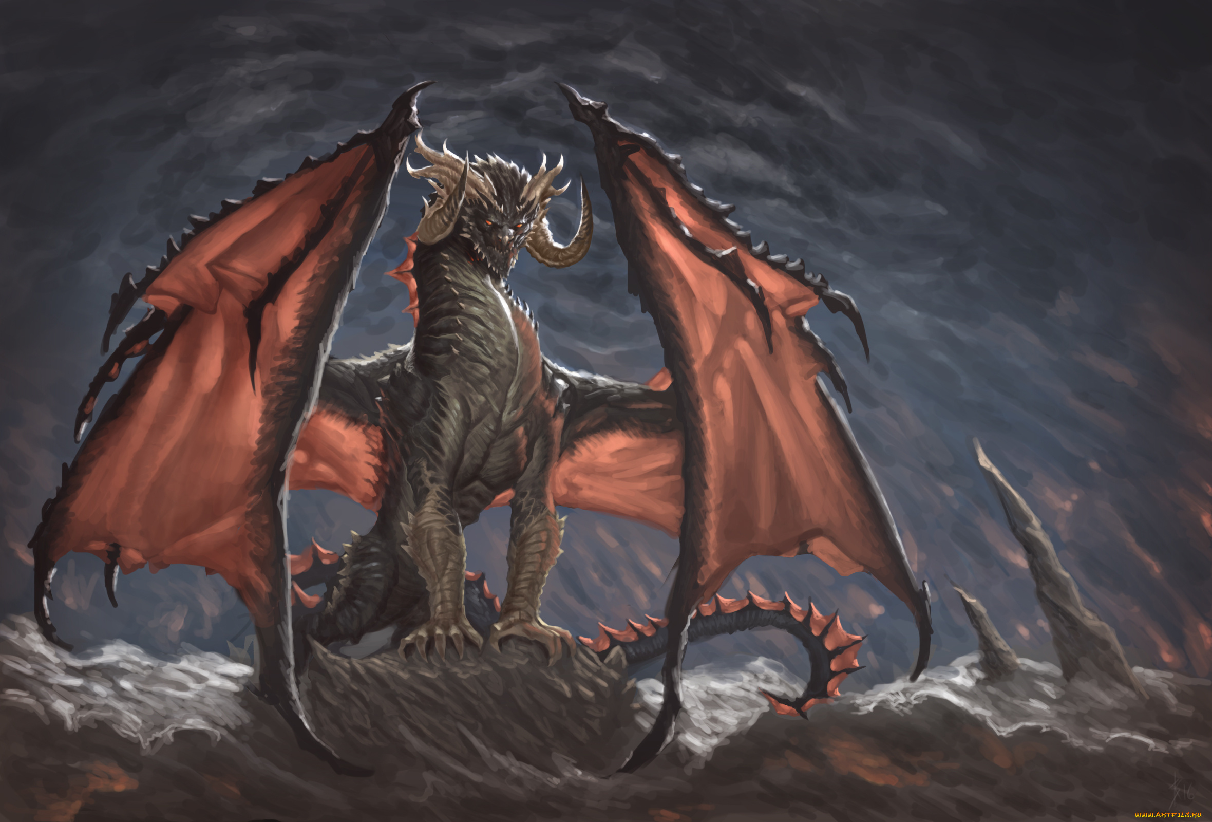 фэнтези, драконы, рога, взгляд, дракон, пещера, когти, фантастика, арт, крылья