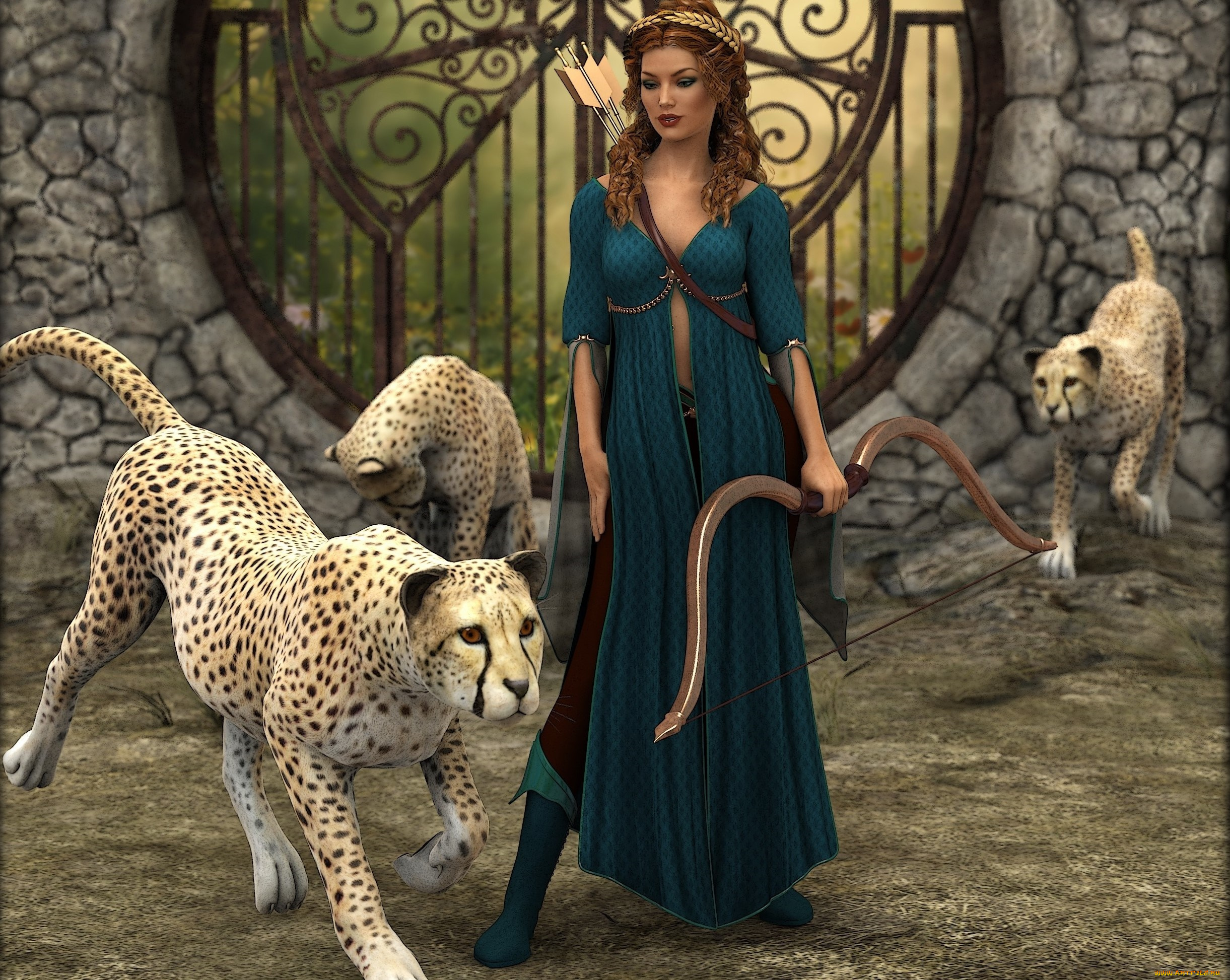 3д, графика, люди, и, животные, , people, and, animals, оружие, взгляд, фон, девушка, тигры