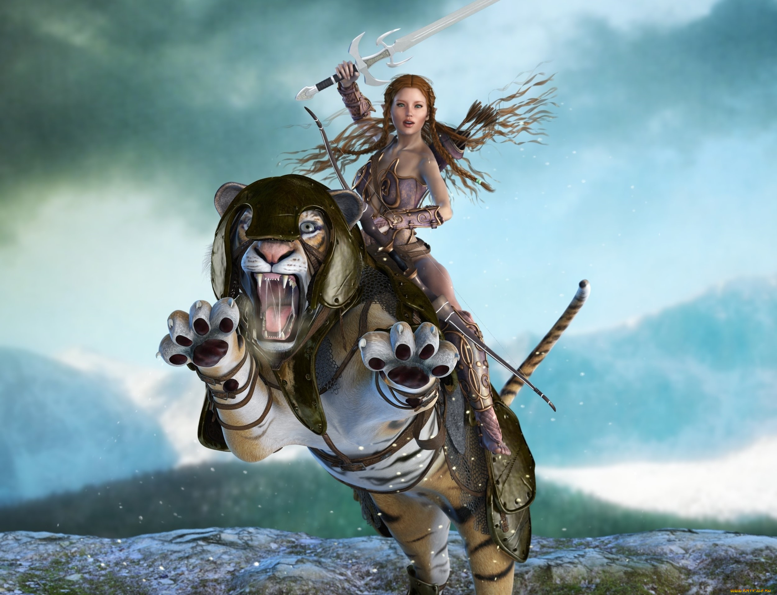 3д, графика, эльфы, , elves, фон, взгляд, эльфийка, тигр, оружие