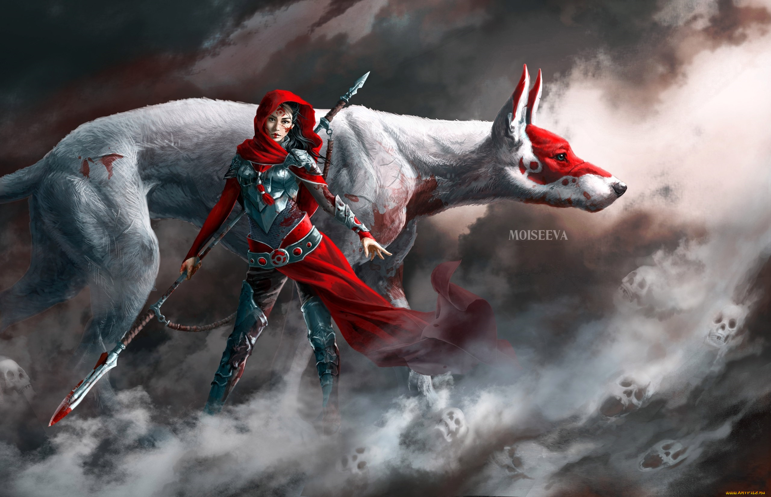 фэнтези, красавицы, и, чудовища, черепа, туман, животное, кровь, оружие, поза, взгляд, девушка, арт, фантастика