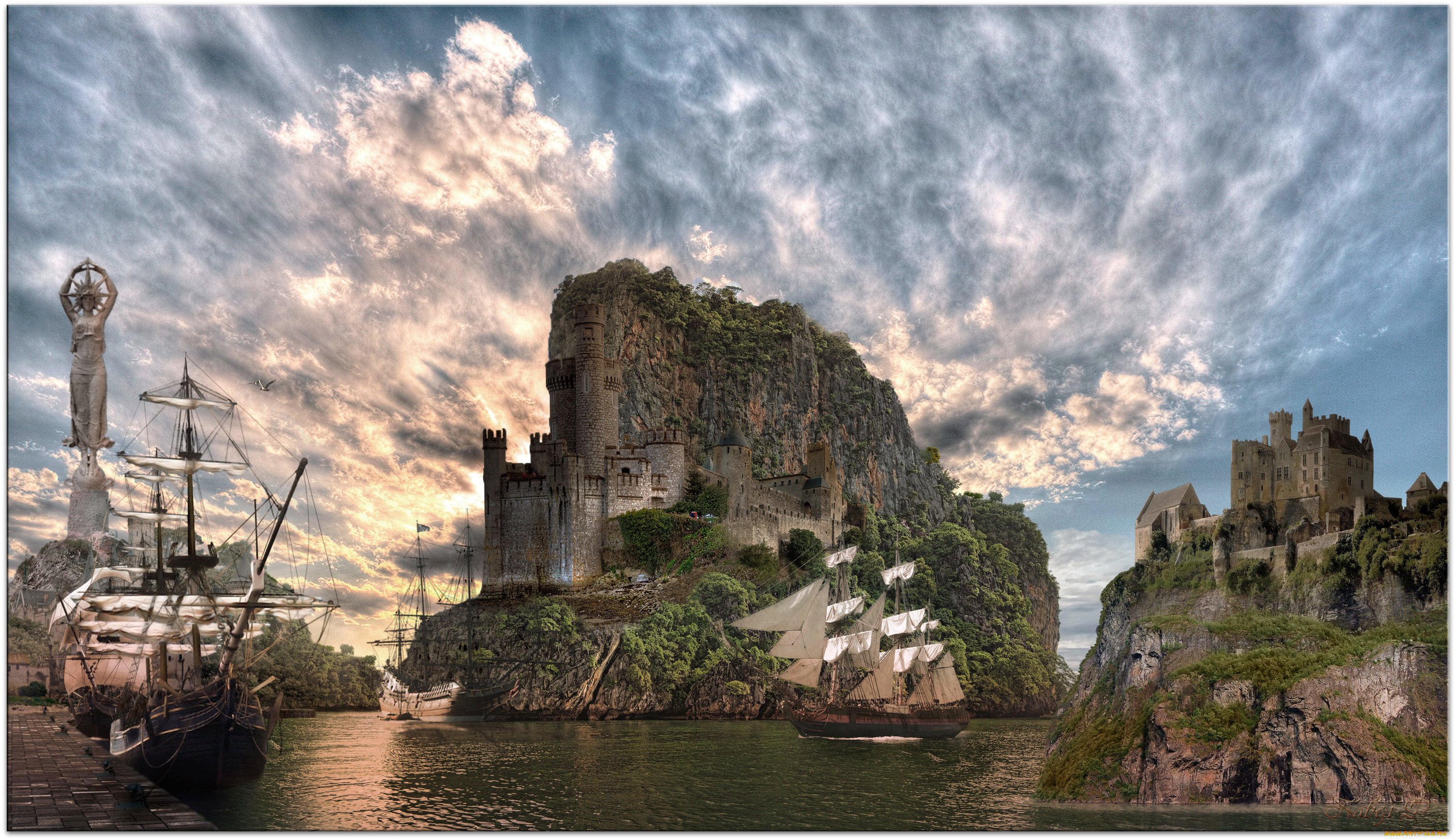 фэнтези, фотоарт, бухта, парусник