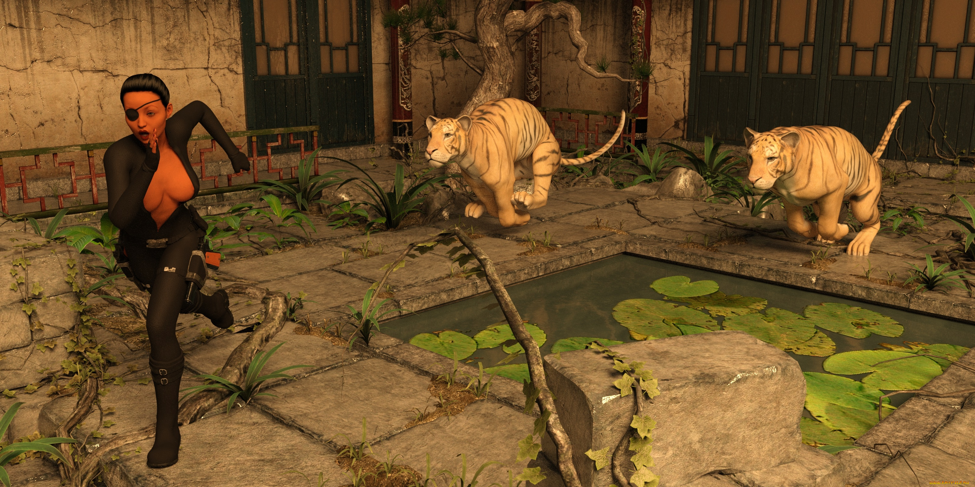 3д, графика, фантазия, , fantasy, девушка, взгляд, фон, тигры