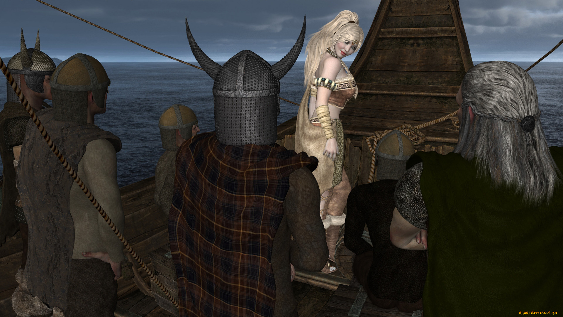 3д, графика, люди, , people, фон, взгляд, девушка, варяги, лодка, море, улыбка