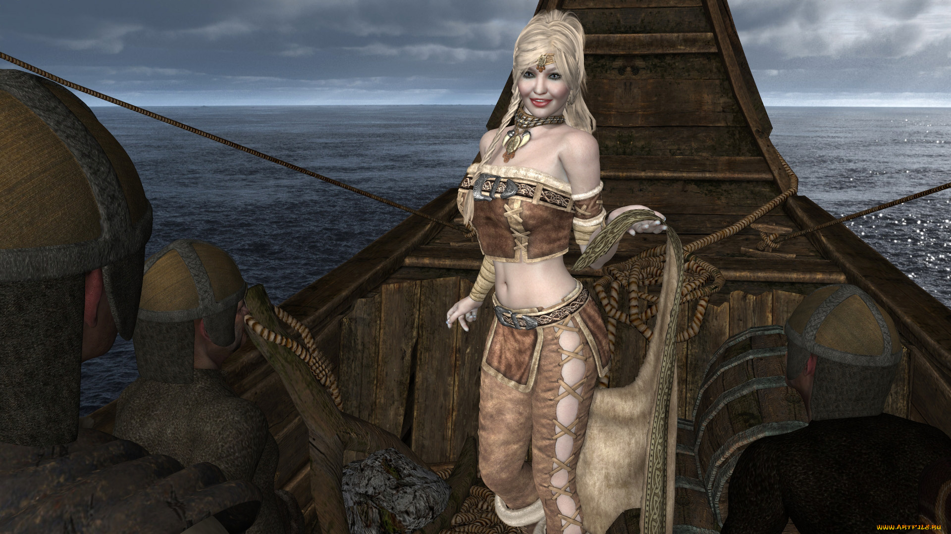 3д, графика, люди, , people, лодка, варяги, улыбка, море, фон, взгляд, девушка